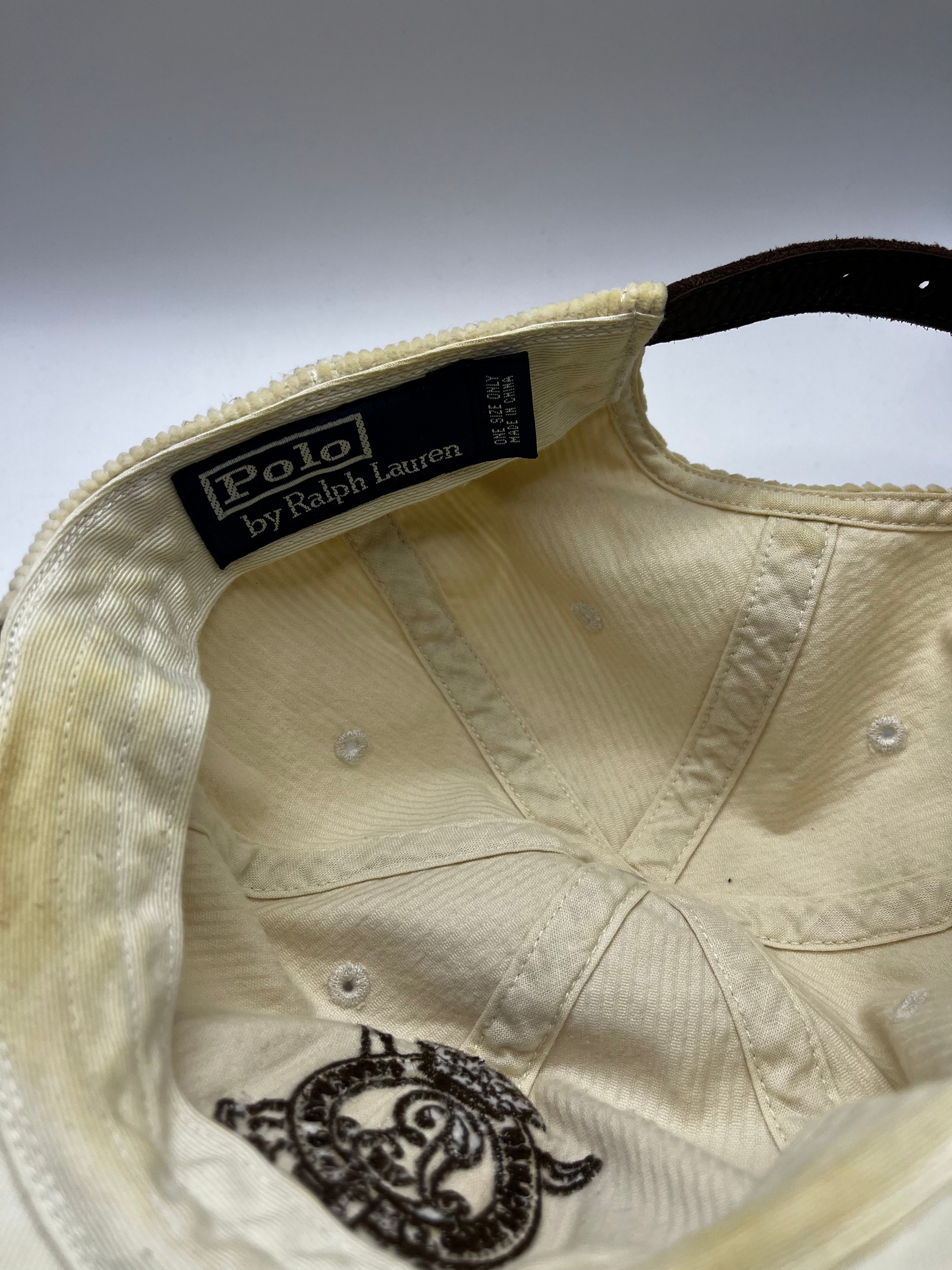 Vintage Polo Ralph Lauren White Corduroy Leather Bill Sportsman Strapback Hat