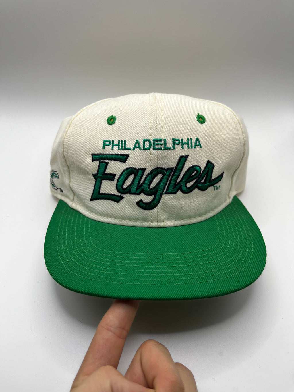 Vtg Philadelphia Eagles Sports Specialties Script Snapback Hat 90s Wool White