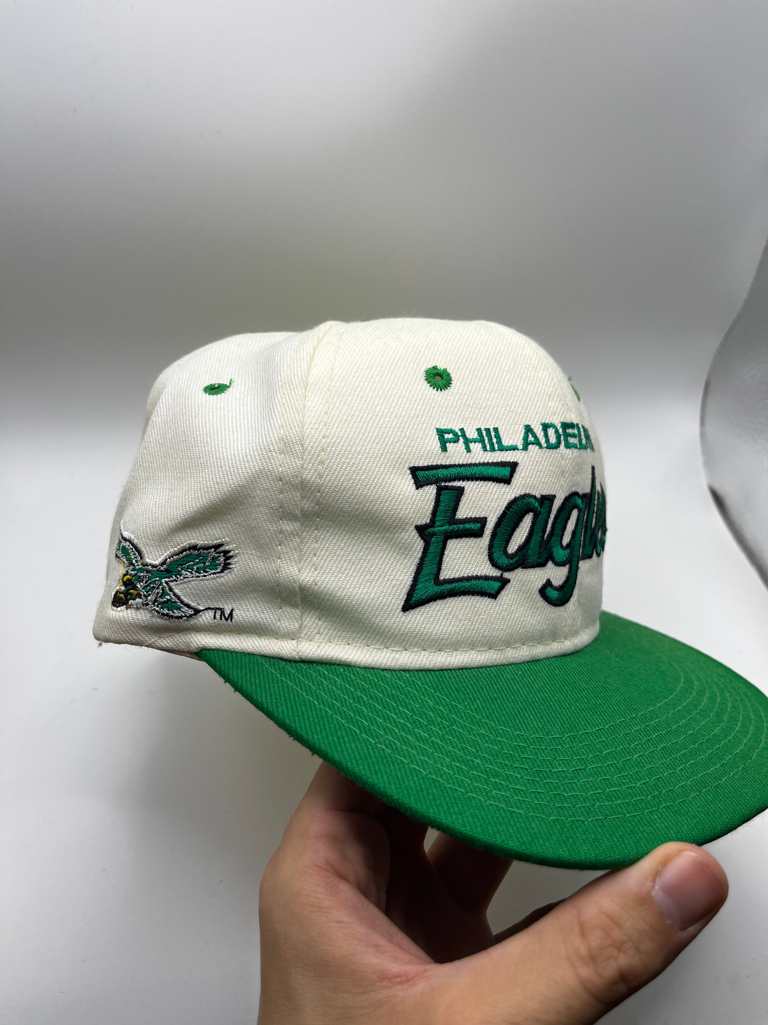 Vtg Philadelphia Eagles Sports Specialties Script Snapback Hat 90s Wool White