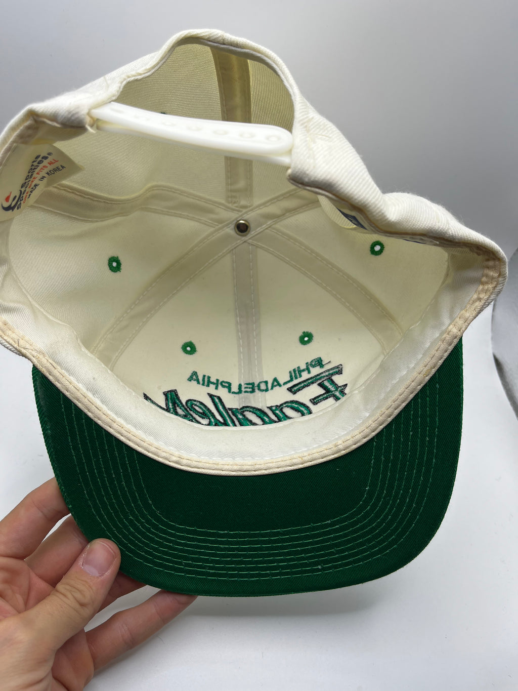 Vtg Philadelphia Eagles Sports Specialties Script Snapback Hat 90s Wool White
