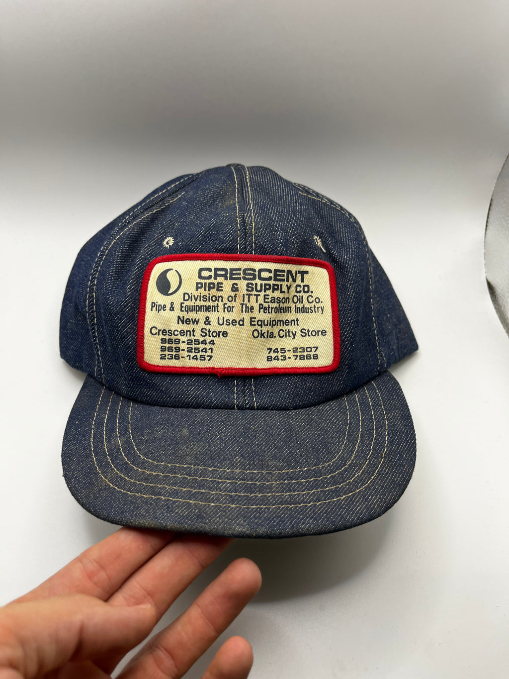 Vintage Denim Patch Crescent Pipe Supply Co. Oil Petroleum 80's Snapback Hat