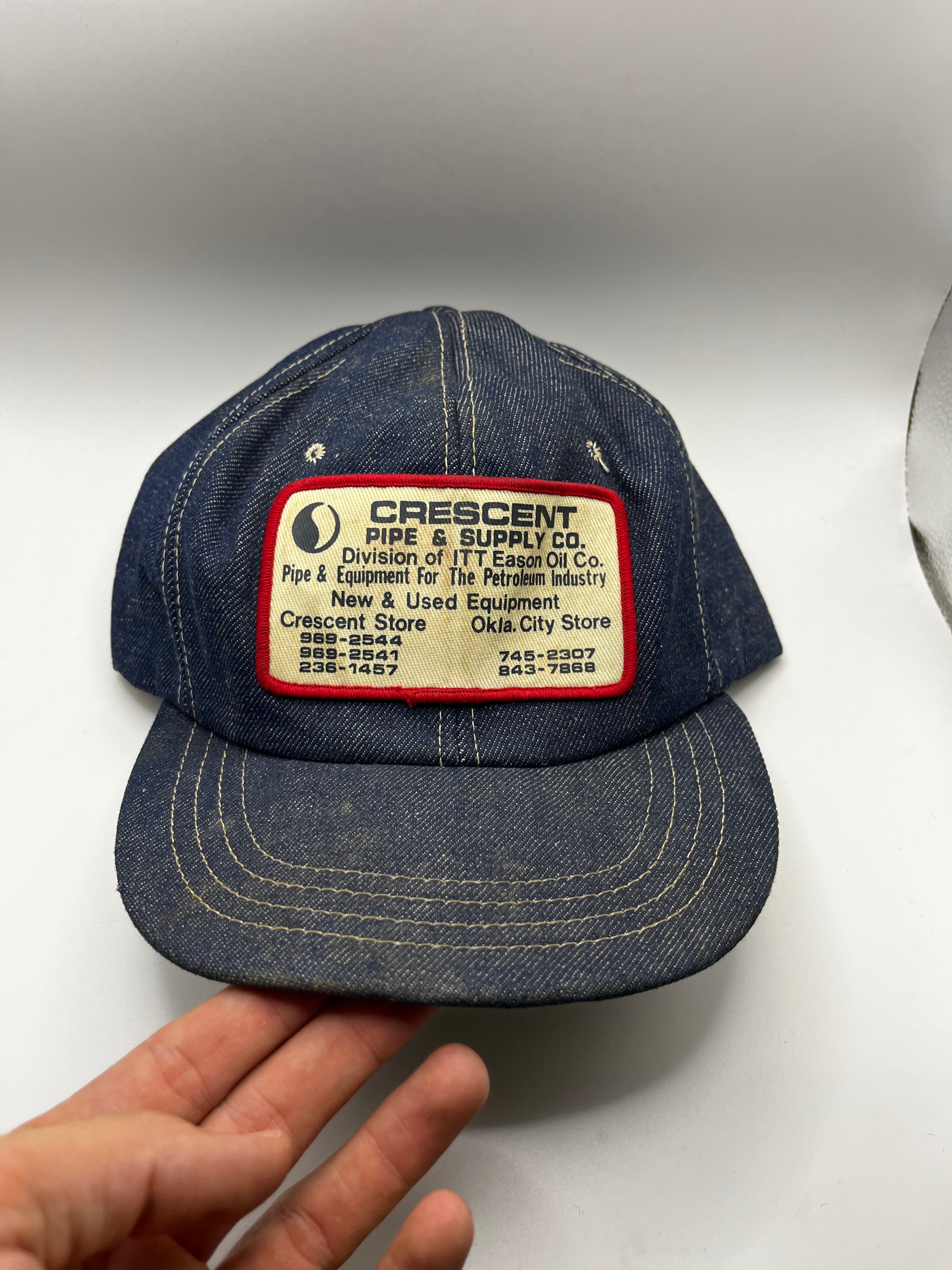 Vintage Denim Patch Crescent Pipe Supply Co. Oil Petroleum 80's Snapback Hat