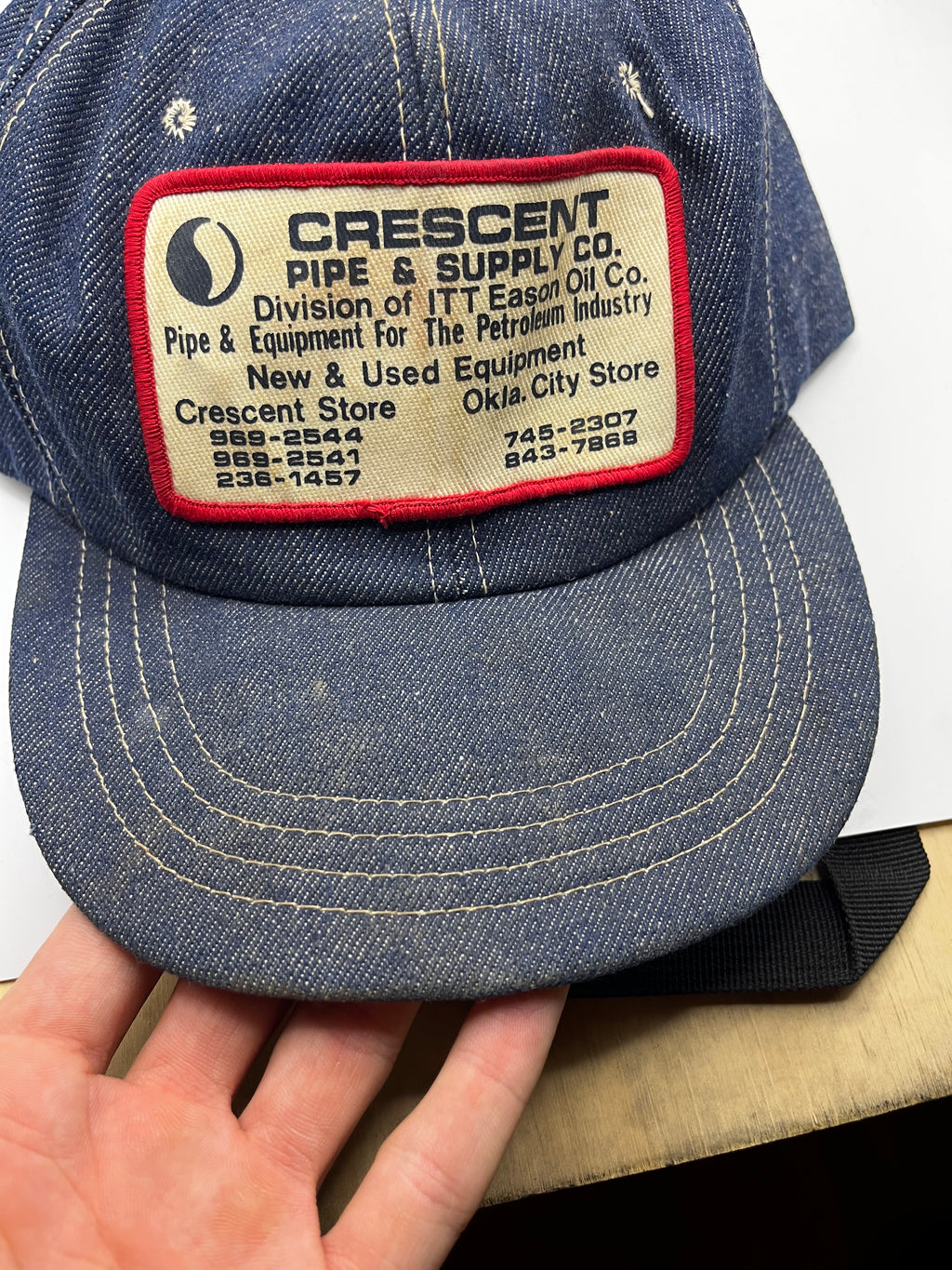 Vintage Denim Patch Crescent Pipe Supply Co. Oil Petroleum 80's Snapback Hat