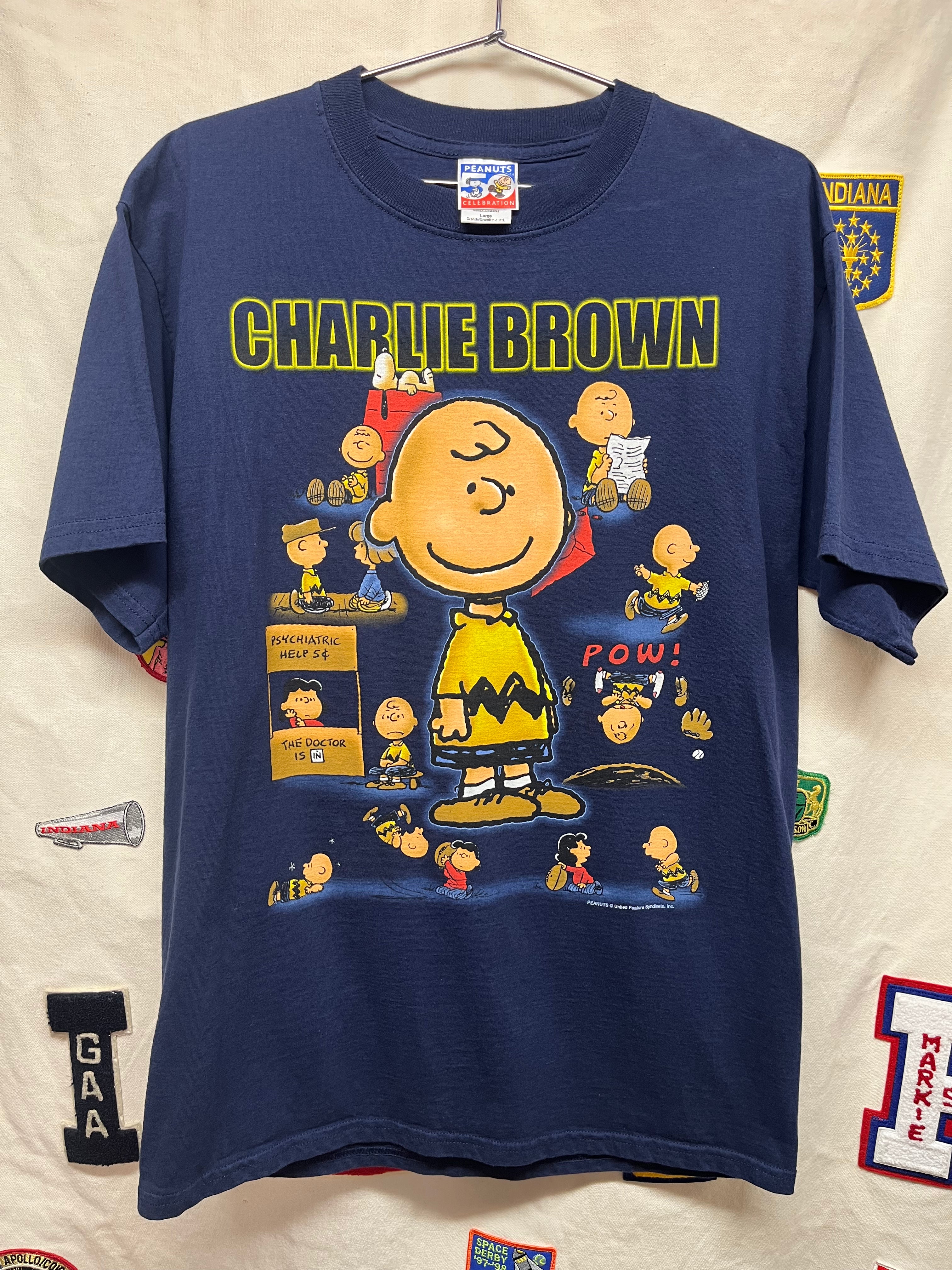 Vintage Charlie Brown Peanuts 50th Celebration 2000 Cartoon Navy Blue T-Shirt: Large