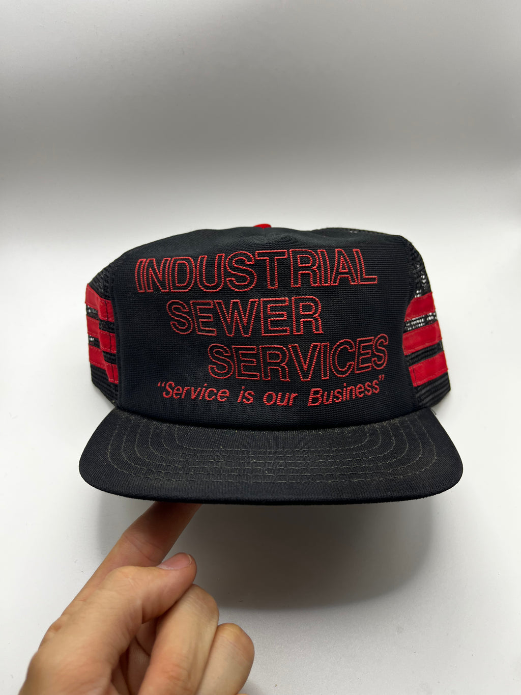 Vintage Industrial Sewer Services 3 Stripe Puff Print Black Red Mesh Trucker Snapback Hat