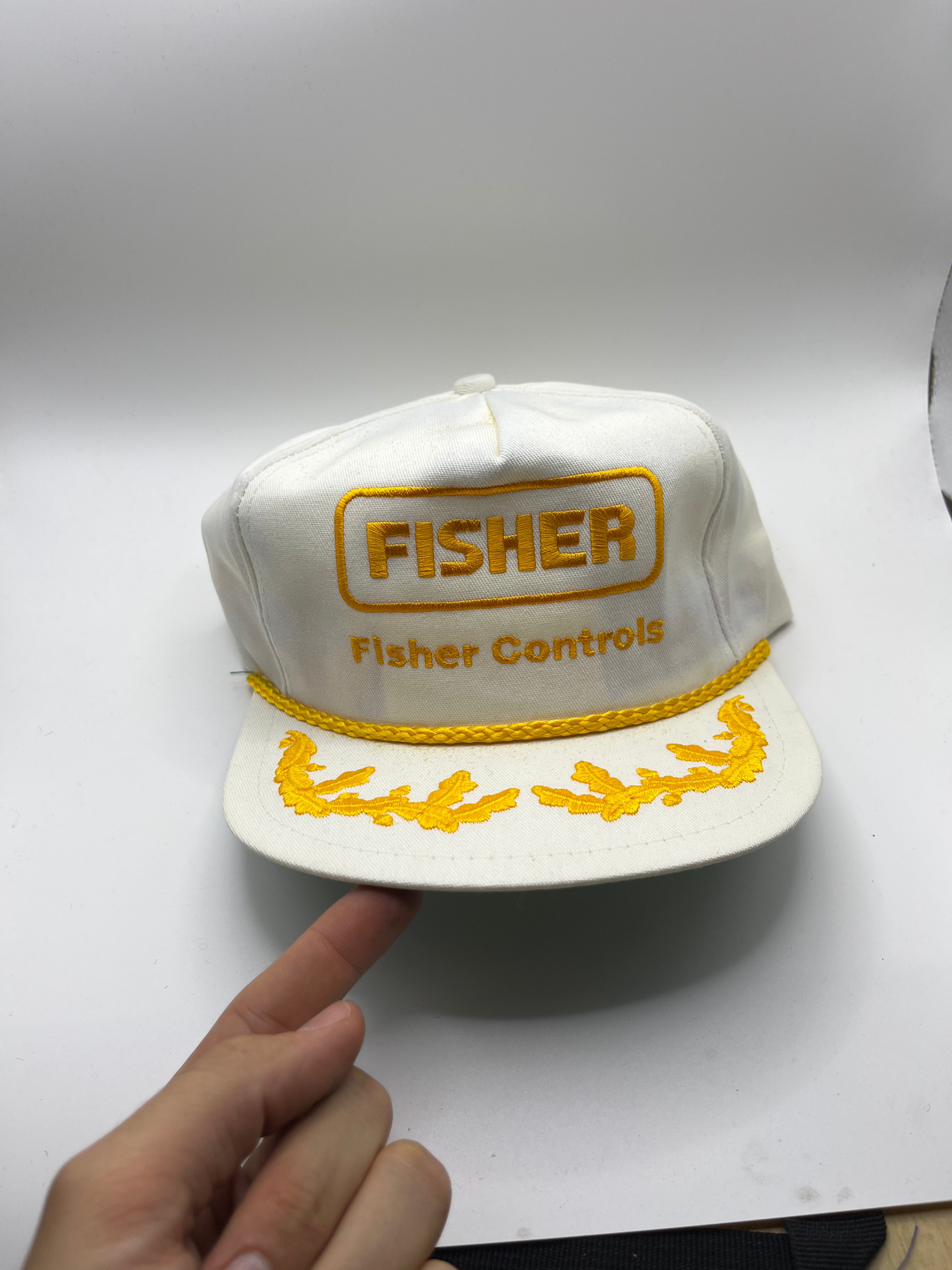 Vintage Fisher Controls Scrambled Eggs Rope Snapback White Yellow Hat