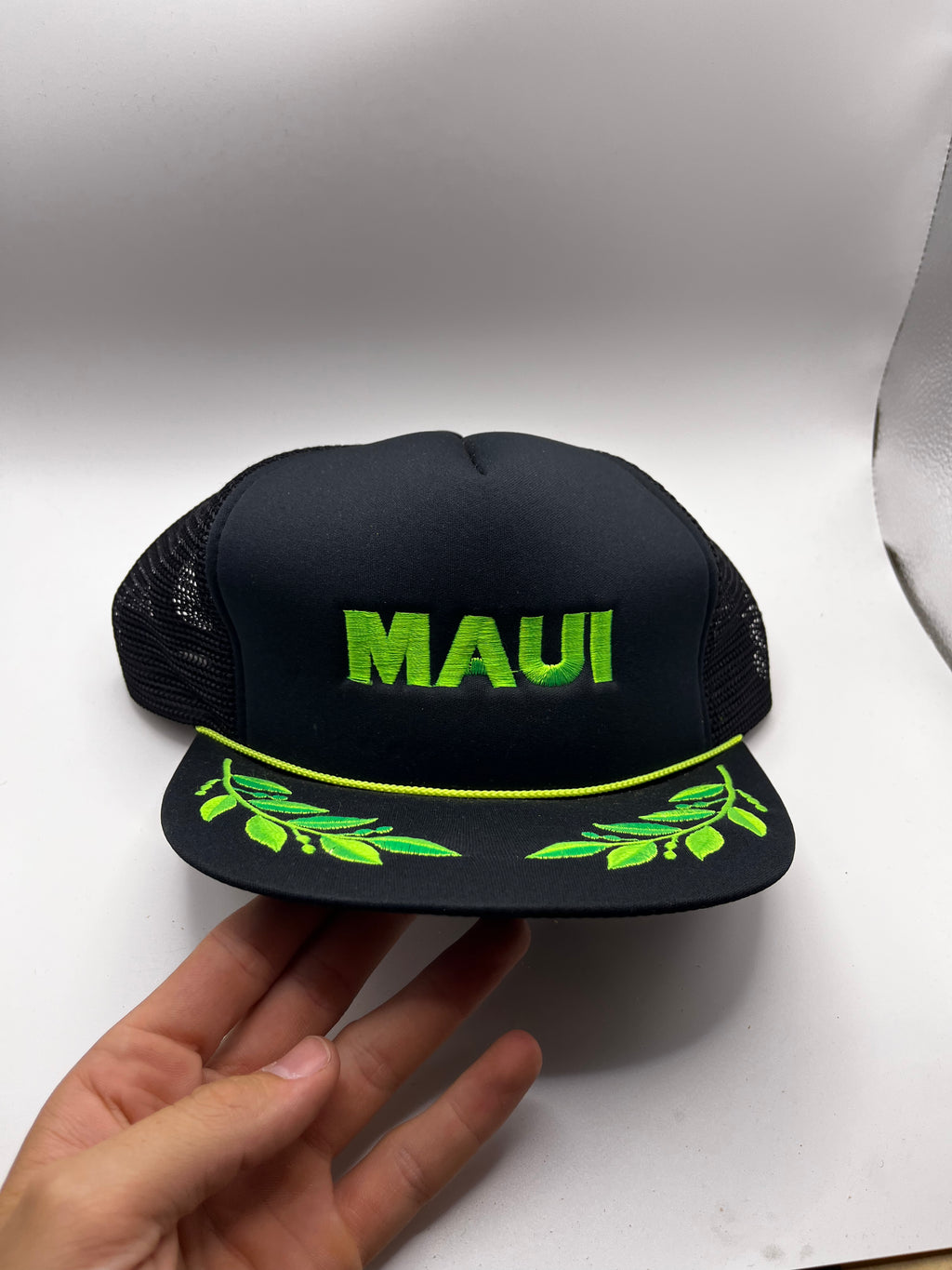Vintage Maui Hawaii Black Lime Green Mesh Trucker Snapback Floral BRAT Tourist Hat