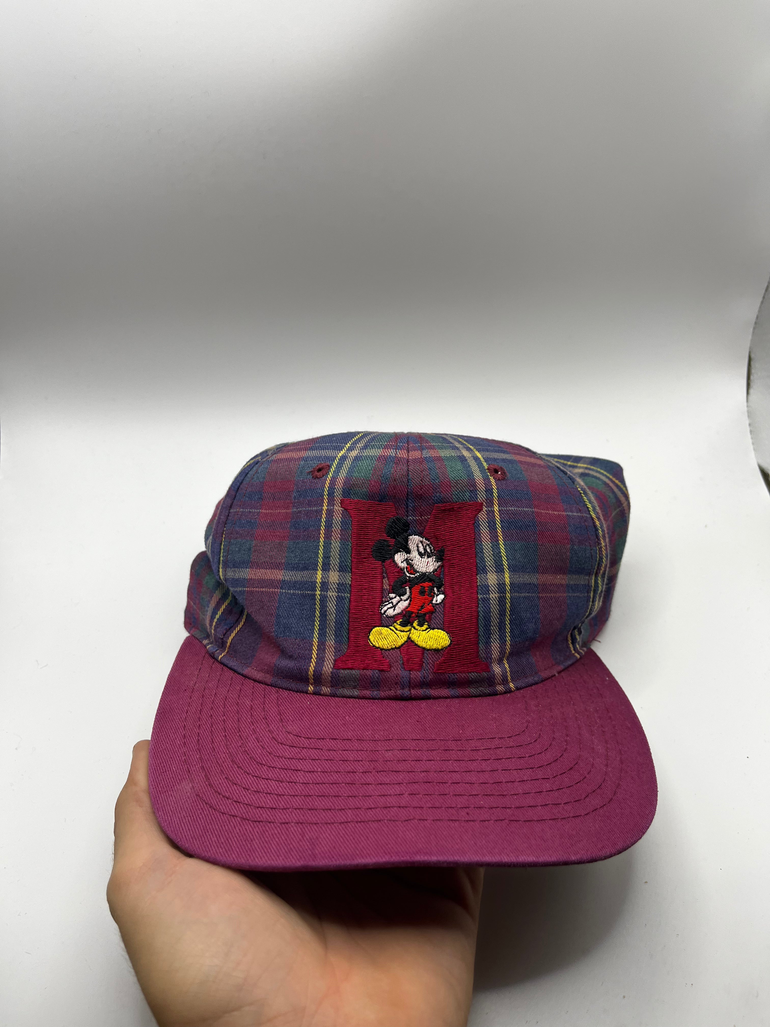 Vintage Mickey Mouse M 90's Burgandy Flannel Plaid Snapback Hat