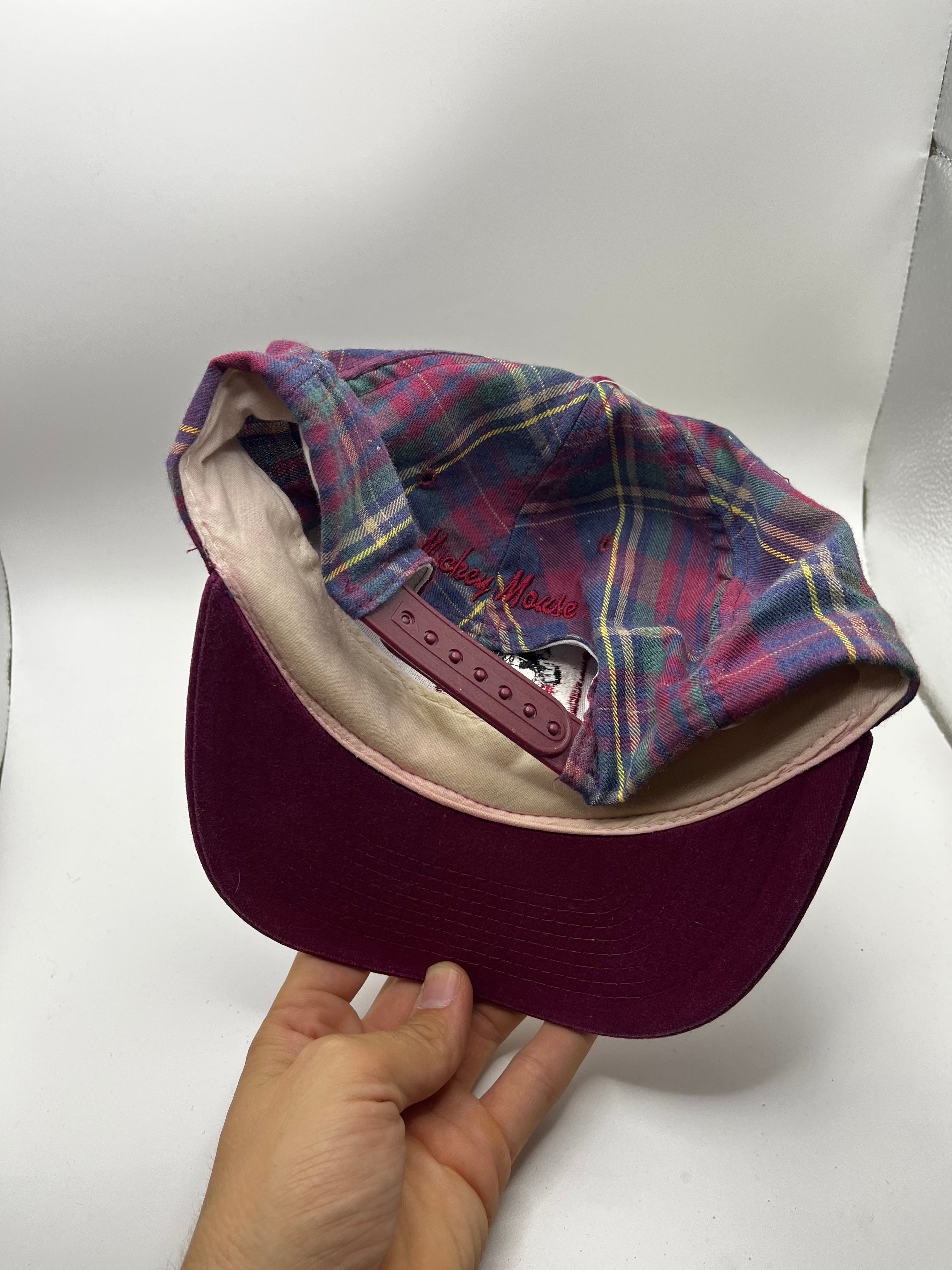 Vintage Mickey Mouse M 90's Burgandy Flannel Plaid Snapback Hat