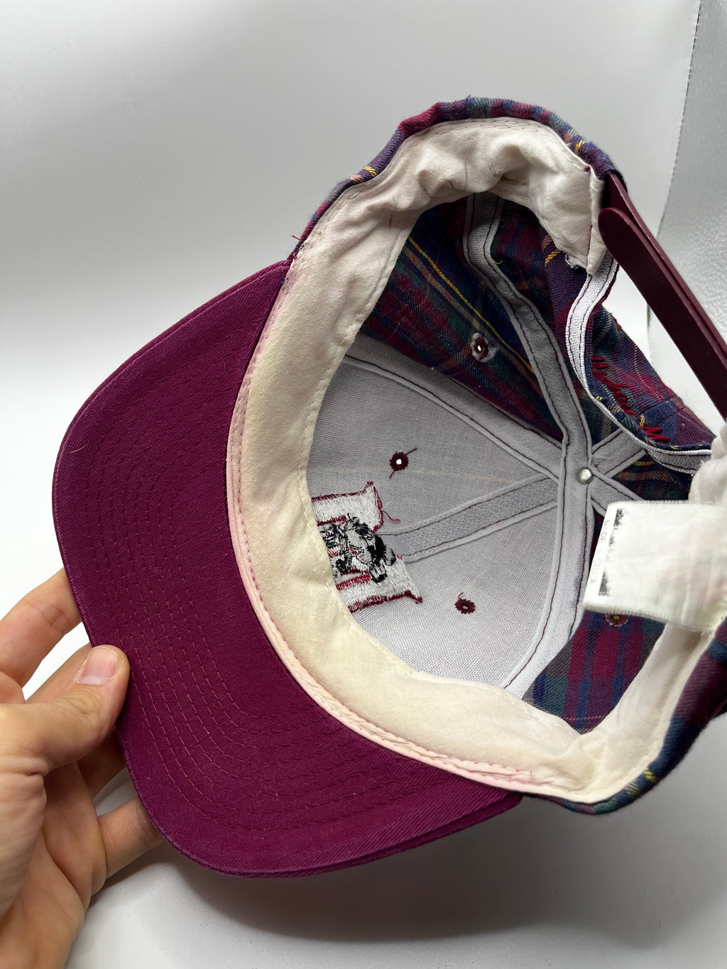 Vintage Mickey Mouse M 90's Burgandy Flannel Plaid Snapback Hat