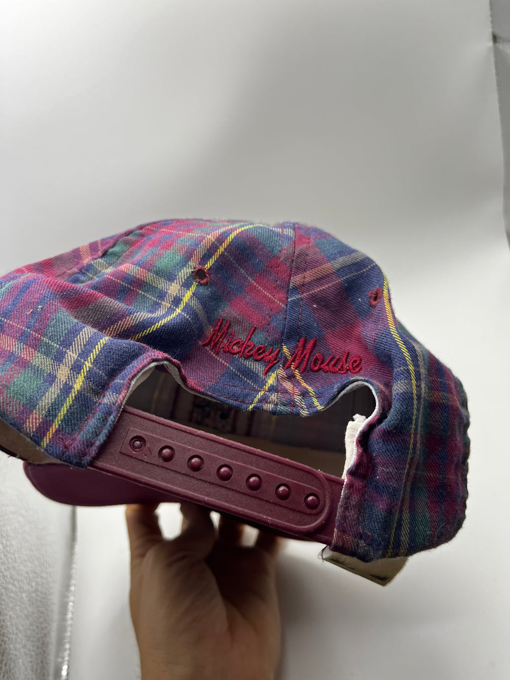 Vintage Mickey Mouse M 90's Burgandy Flannel Plaid Snapback Hat