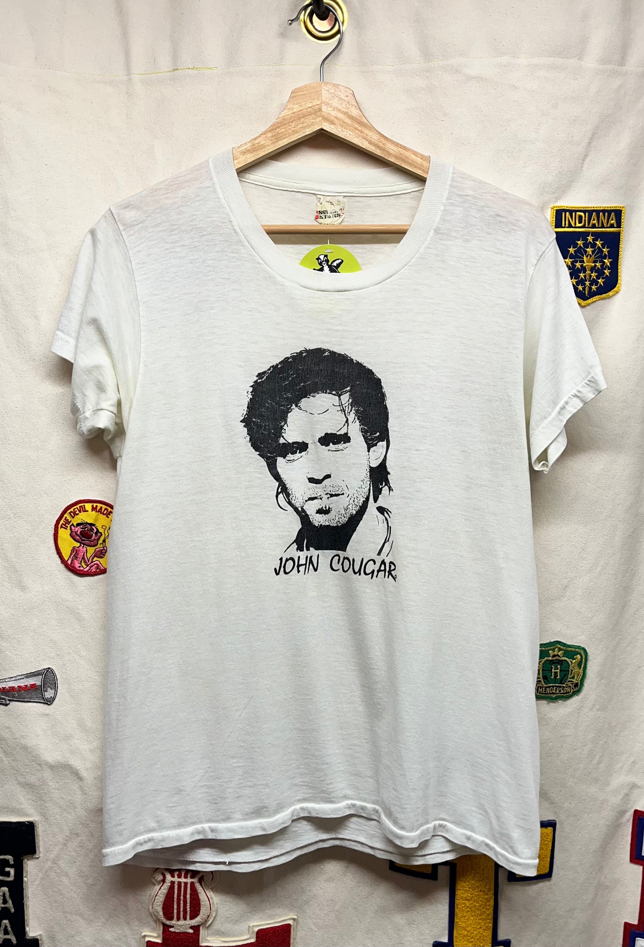 Vintage John Cougar Mellencamp Face 80's Rock White T-Shirt: Large/Medium