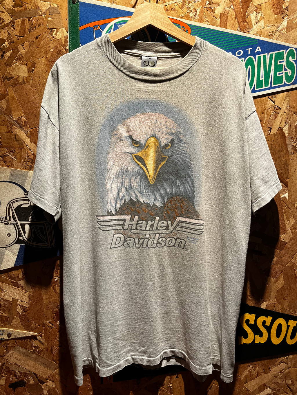 Vintage 1990 Harley Davidson 3D Emblem Eagle Buds Evansville Grey T-Shirt: XL