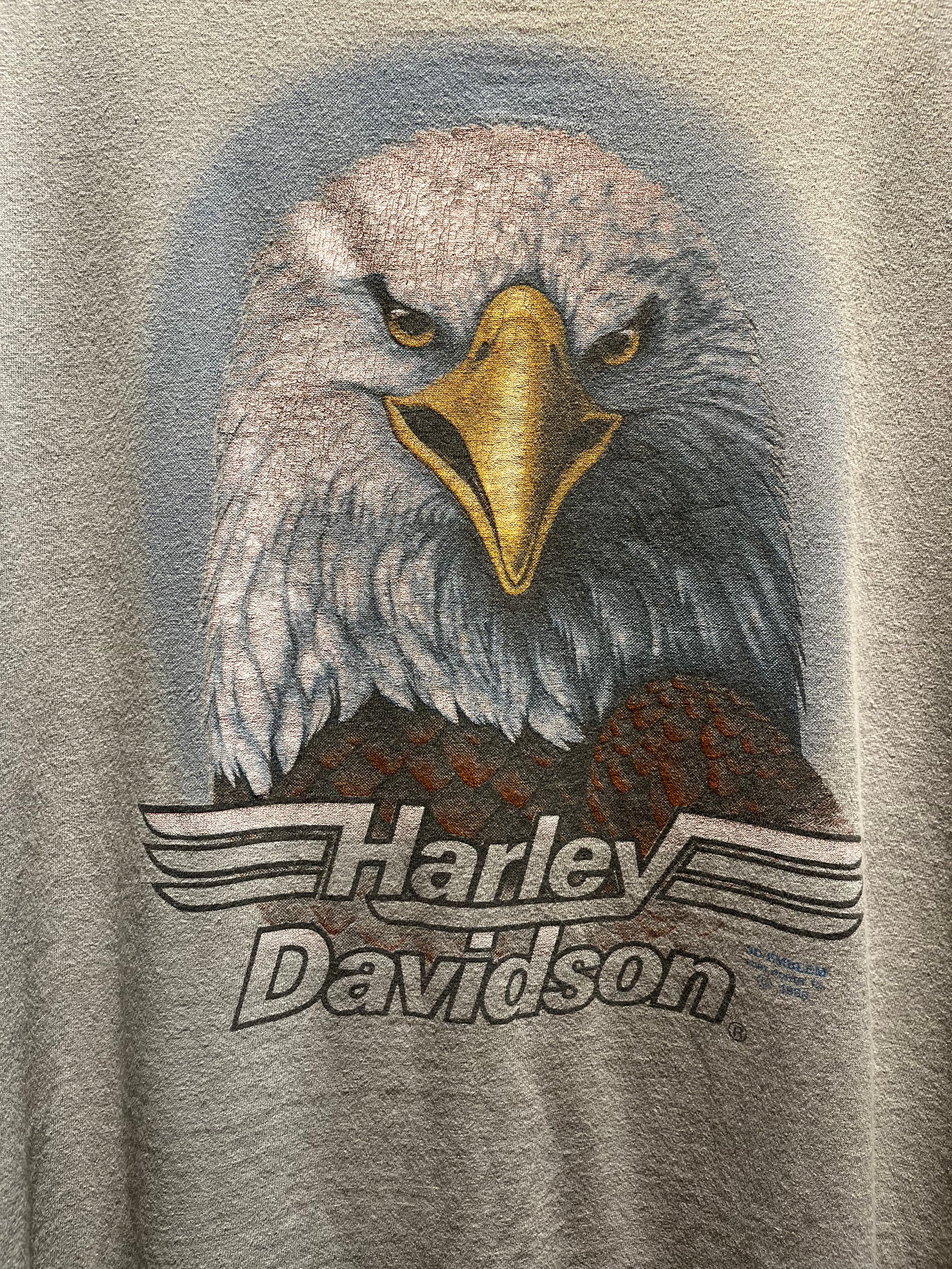 Vintage 1990 Harley Davidson 3D Emblem Eagle Buds Evansville Grey T-Shirt: XL