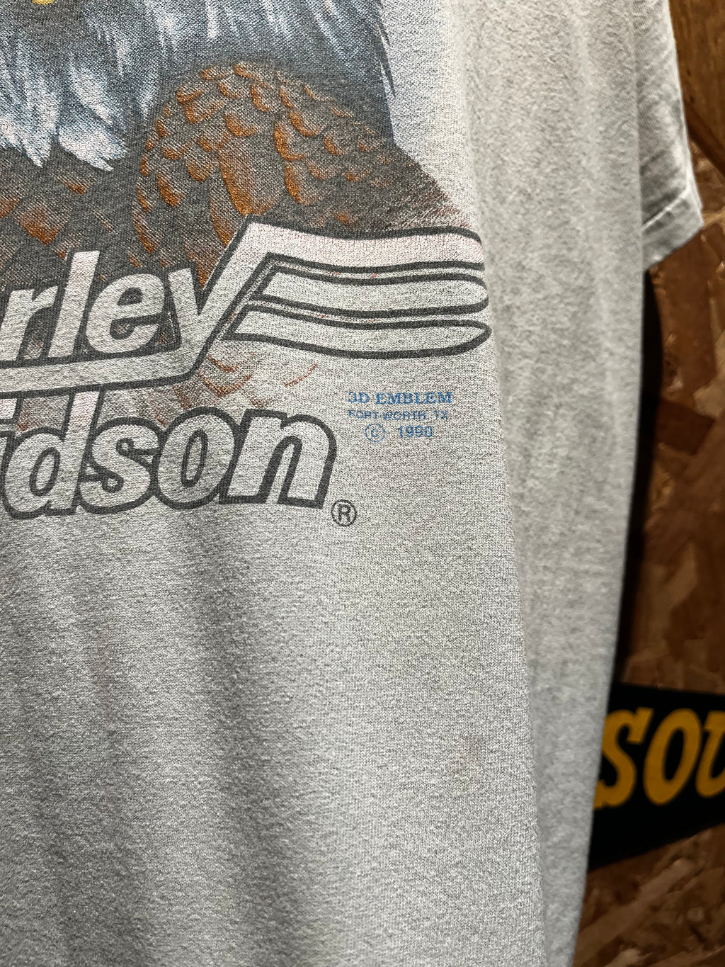 Vintage 1990 Harley Davidson 3D Emblem Eagle Buds Evansville Grey T-Shirt: XL
