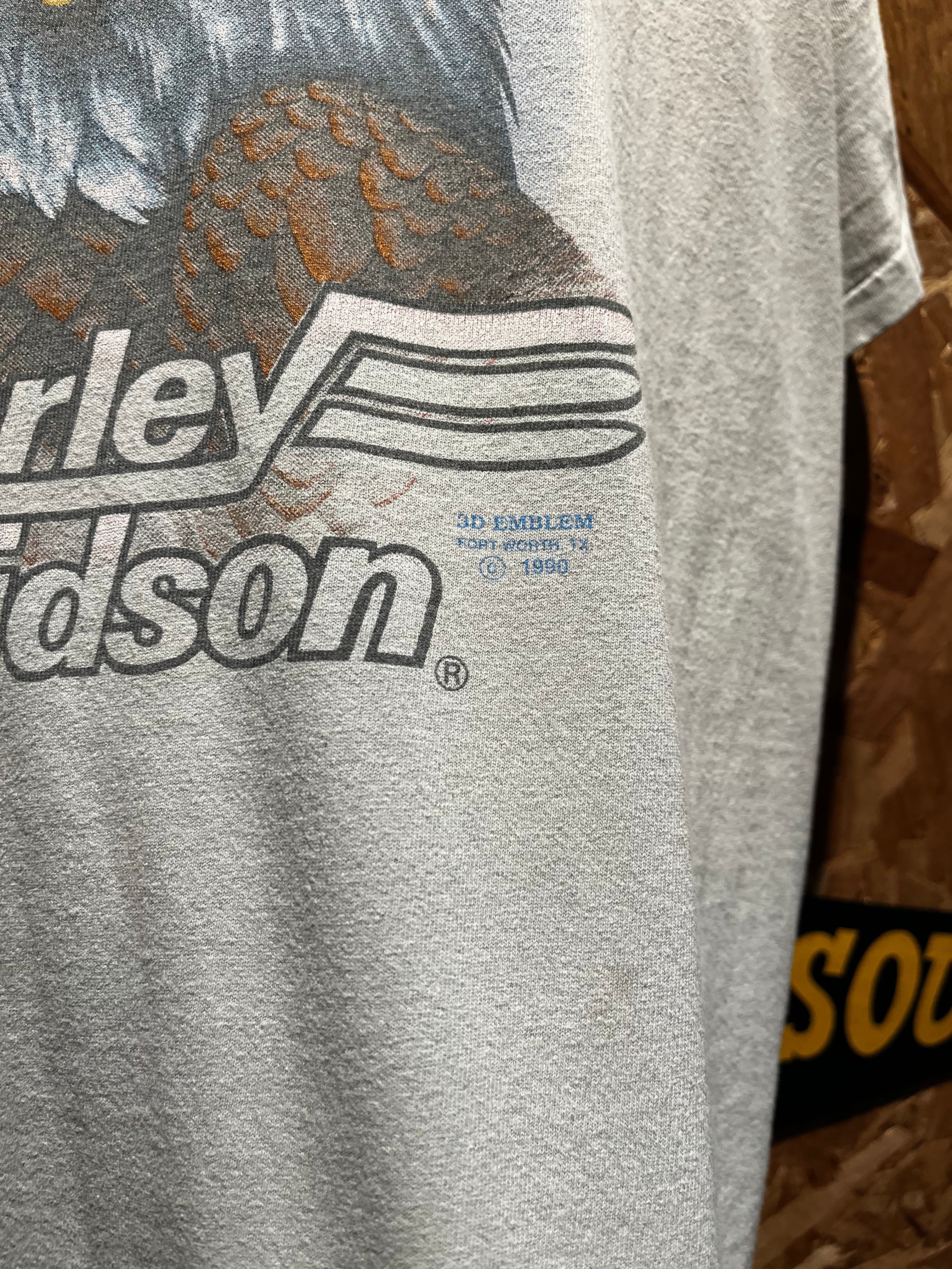 Vintage 1990 Harley Davidson 3D Emblem Eagle Buds Evansville Grey T-Shirt: XL