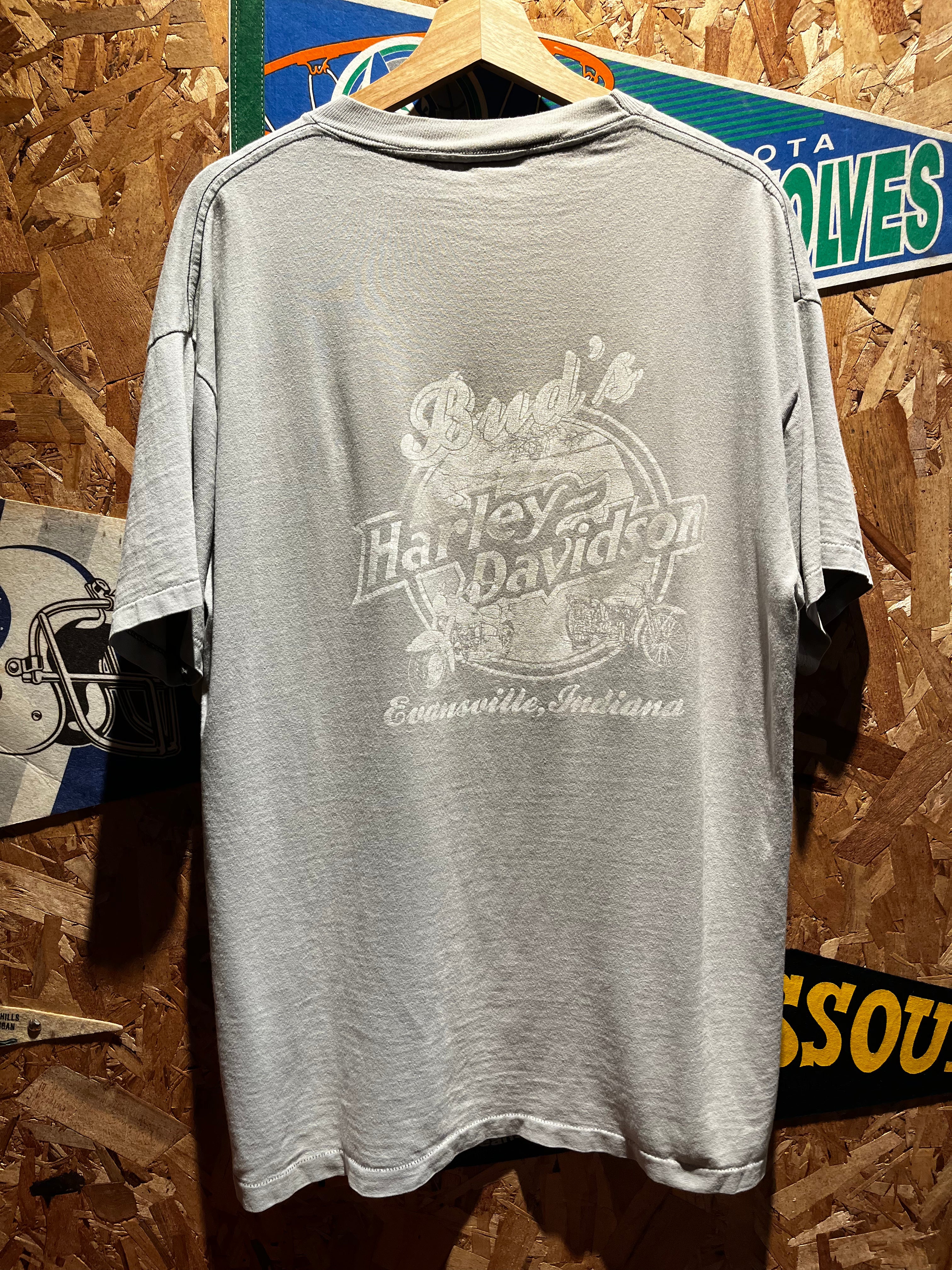 Vintage 1990 Harley Davidson 3D Emblem Eagle Buds Evansville Grey T-Shirt: XL