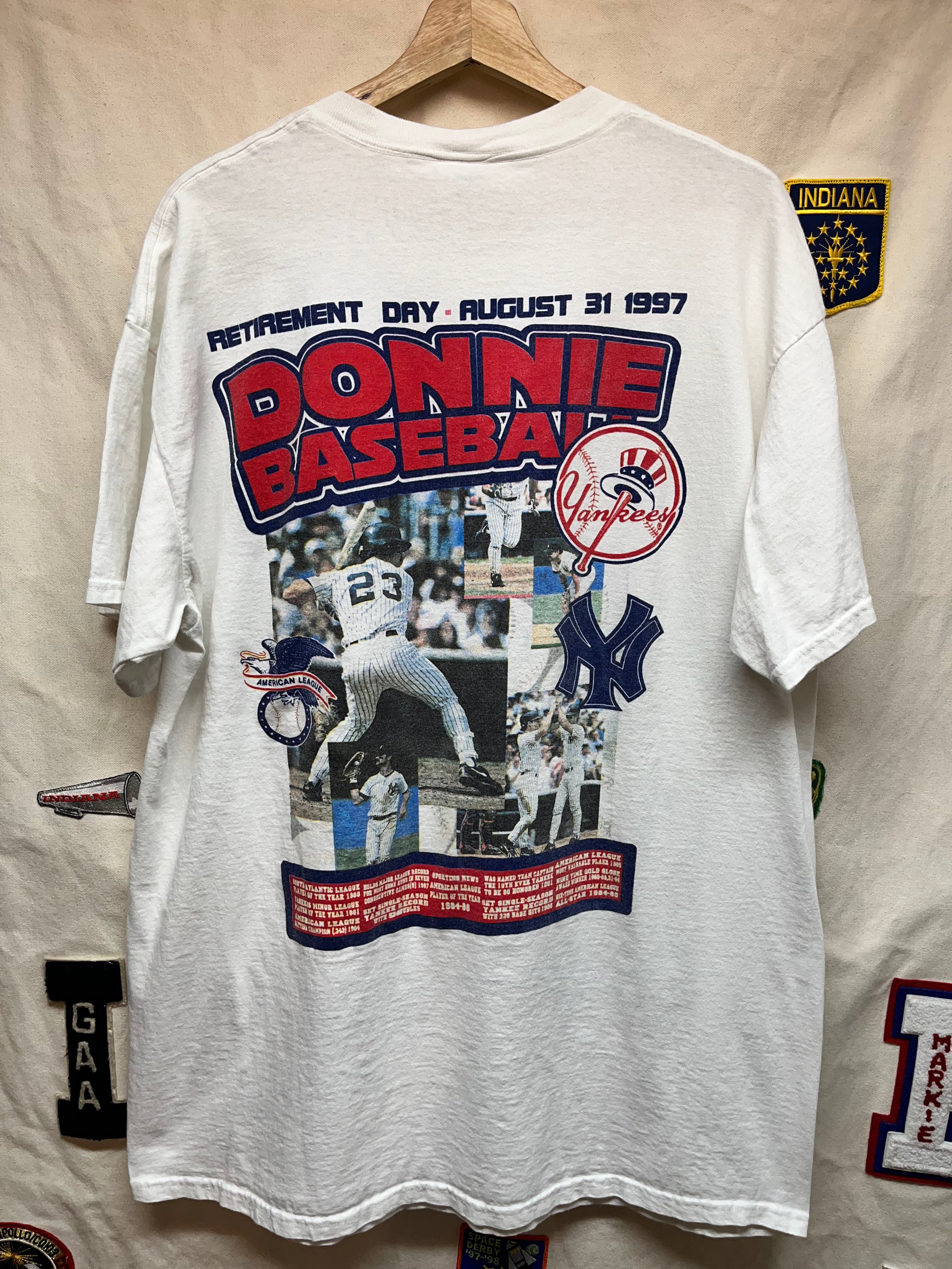 Vintage Don Mattingly New York Yankees Retirement Day Rap Boot White T-Shirt: XL