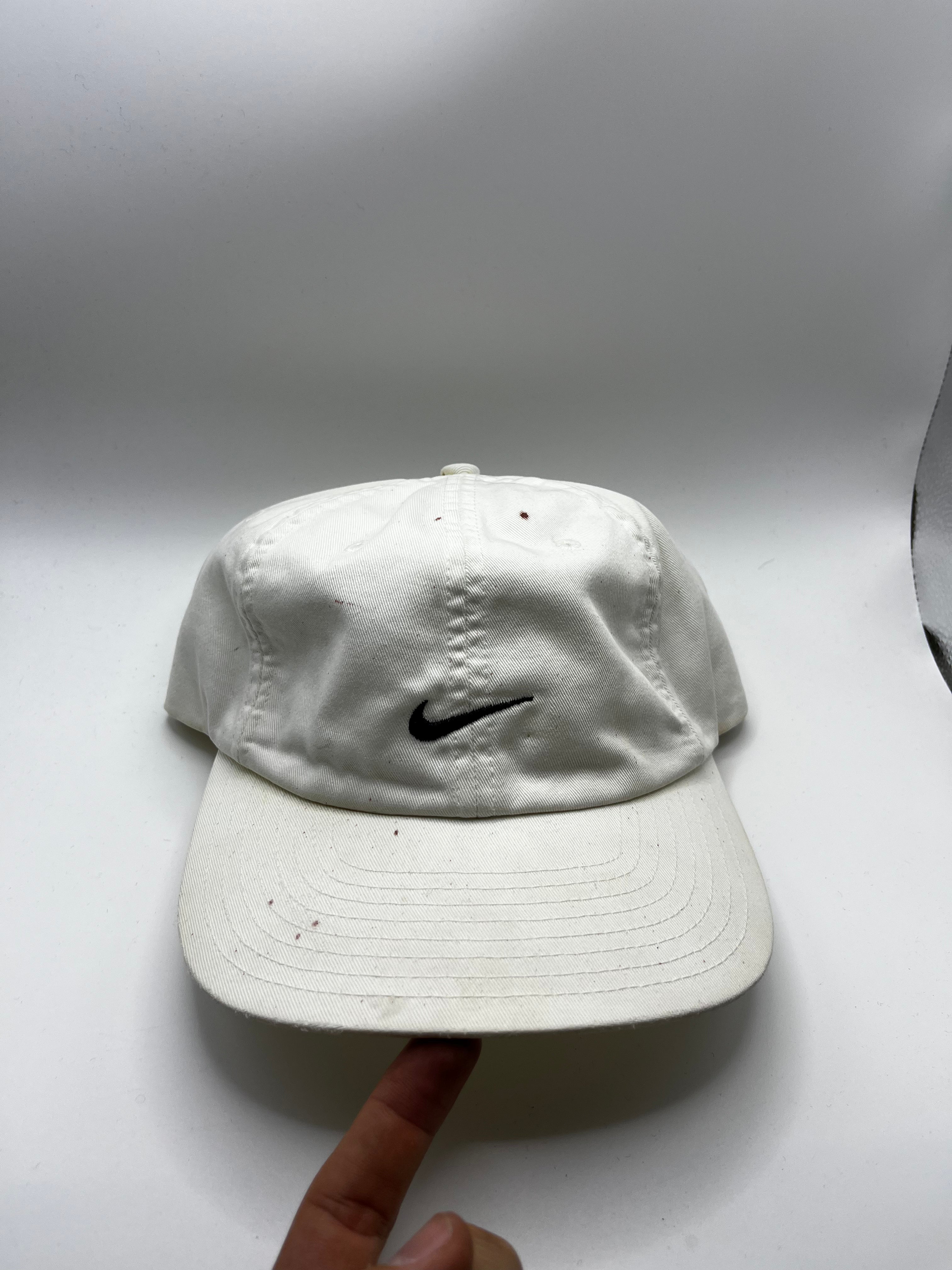 Vintage Nike Swoosh White Black Strapback Hat Y2K
