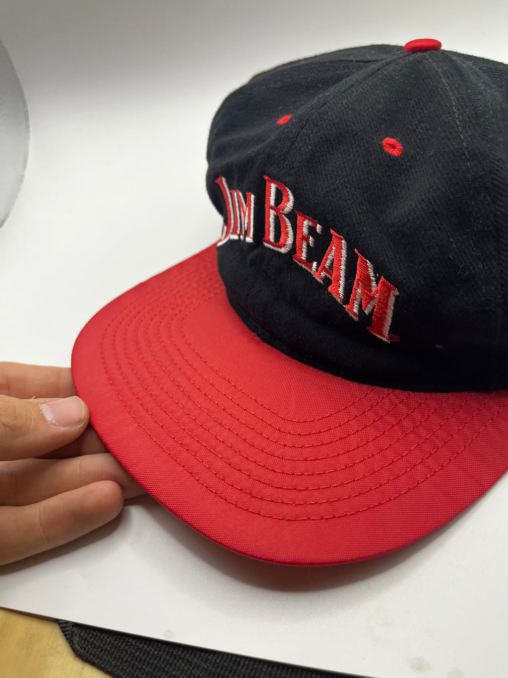 Vintage Jim Beam Whiskey Alcohol Black Red Nylon Snapback Hat