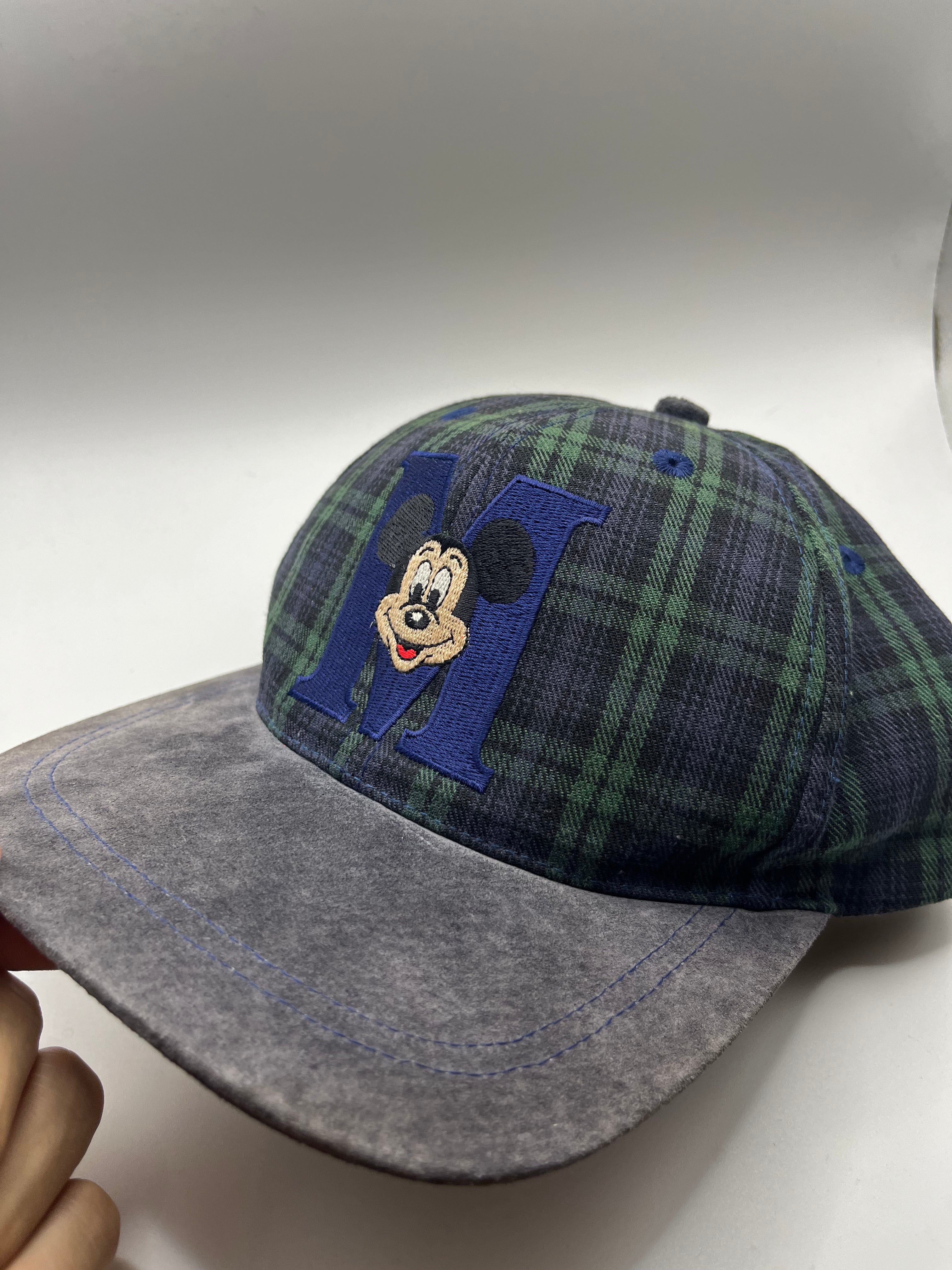 Vintage Mickey Mouse M Plaid Blue Green Suede Brim Disney 90's Snapback Hat