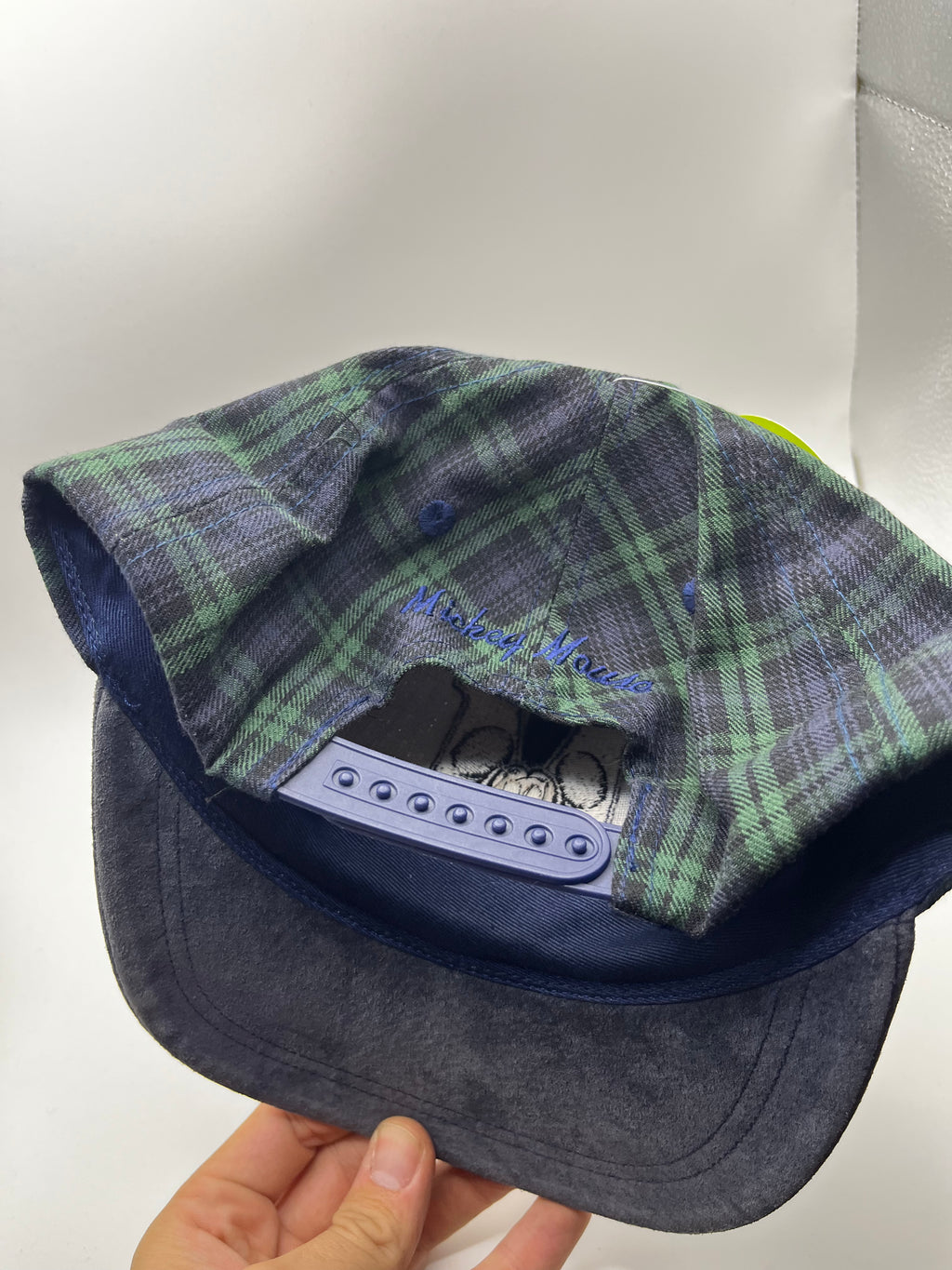 Vintage Mickey Mouse M Plaid Blue Green Suede Brim Disney 90's Snapback Hat