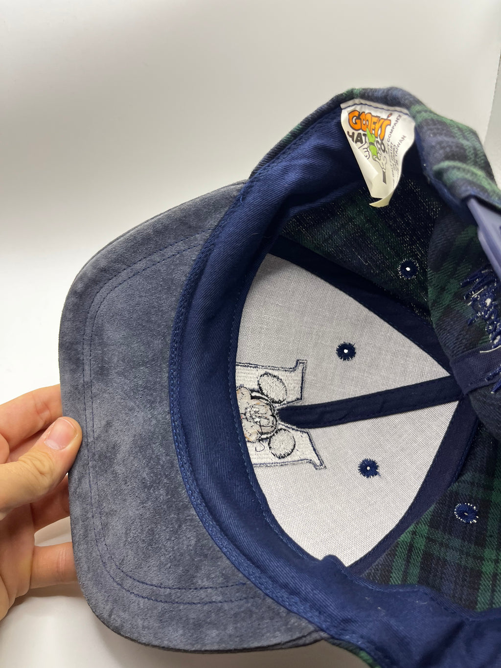 Vintage Mickey Mouse M Plaid Blue Green Suede Brim Disney 90's Snapback Hat