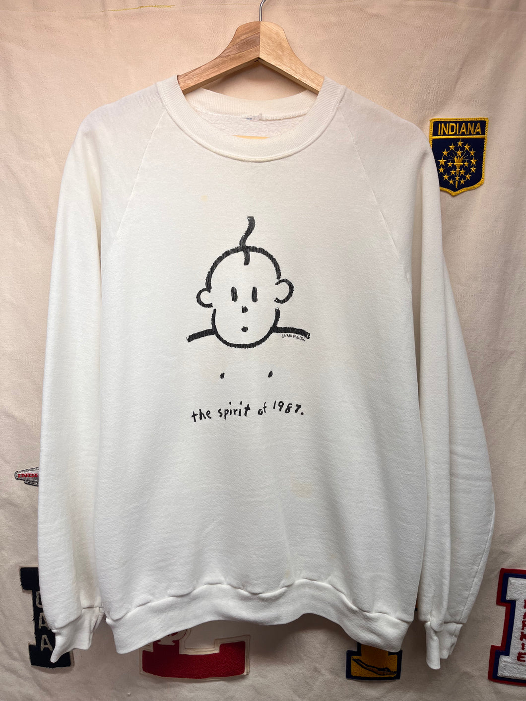 Vintage Fido Dido The Spirit of 1987 Nipples Cartoon White Crewneck Sweatshirt: Large