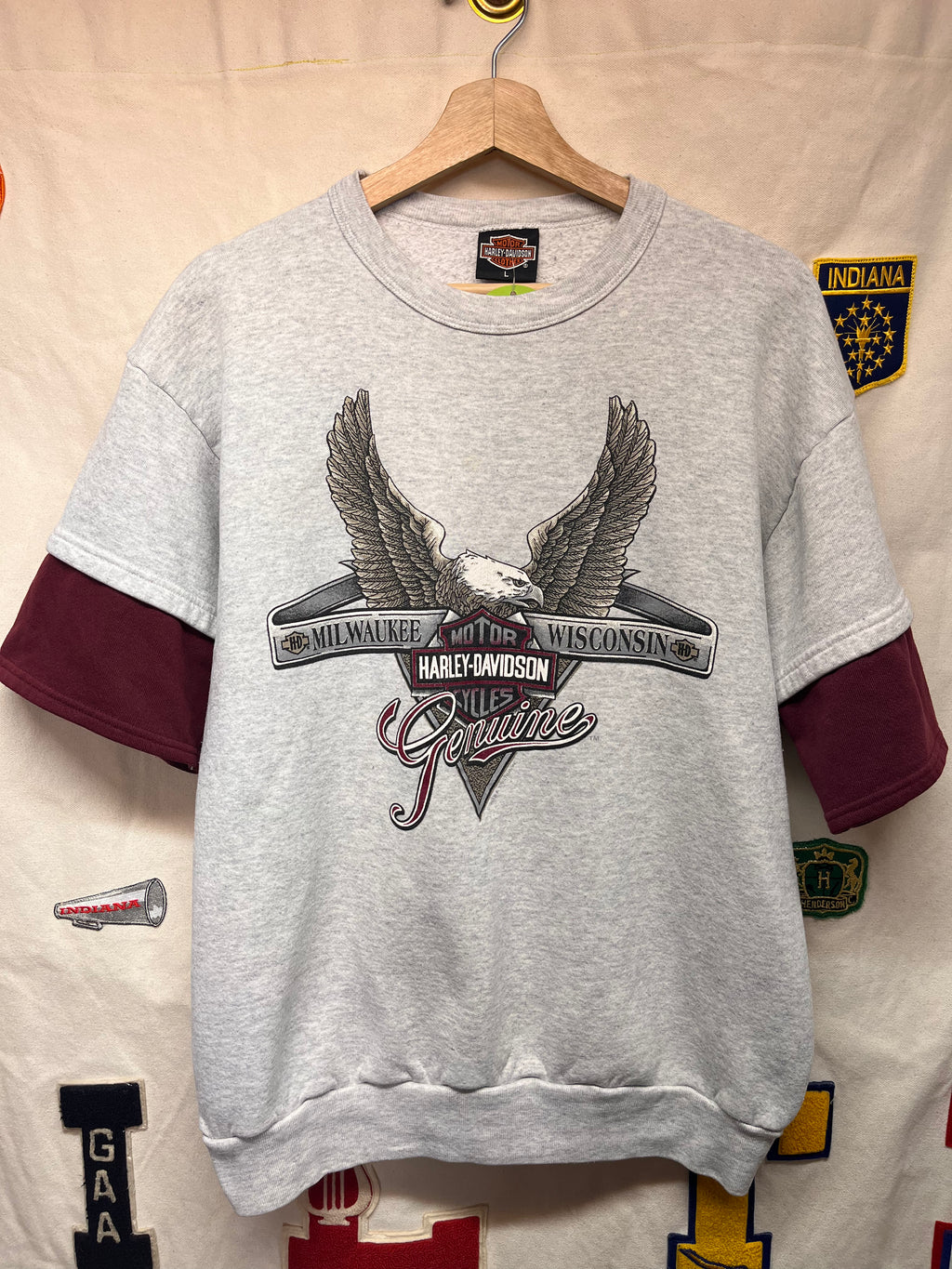 Vintage Harley Davidson Eagle Biker Grey Burgandy Short Double Sleeve Crewneck Sweatshirt: Large