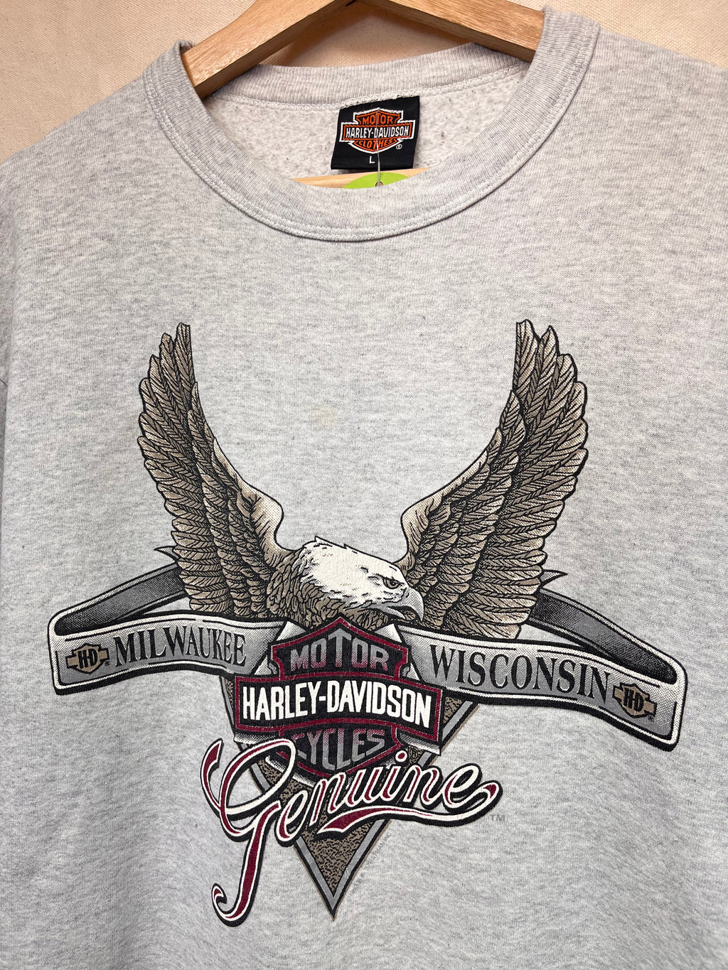 Vintage Harley Davidson Eagle Biker Grey Burgandy Short Double Sleeve Crewneck Sweatshirt: Large