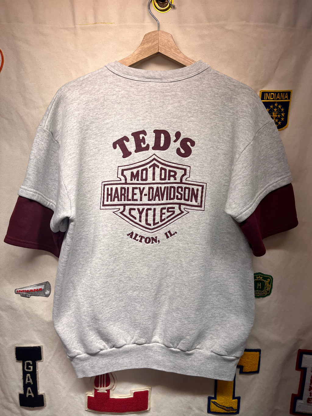Vintage Harley Davidson Eagle Biker Grey Burgandy Short Double Sleeve Crewneck Sweatshirt: Large