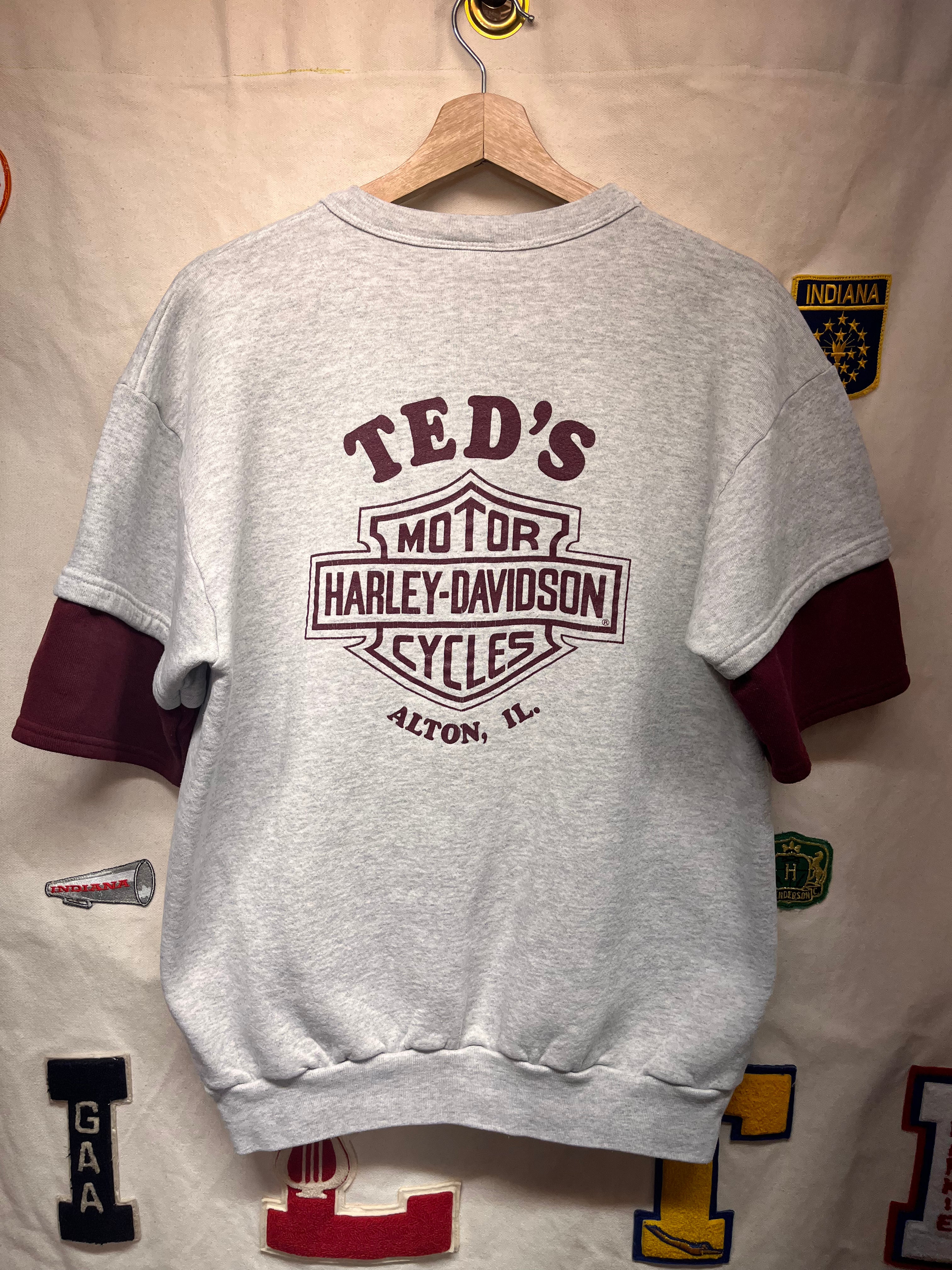 Vintage Harley Davidson Eagle Biker Grey Burgandy Short Double Sleeve Crewneck Sweatshirt: Large