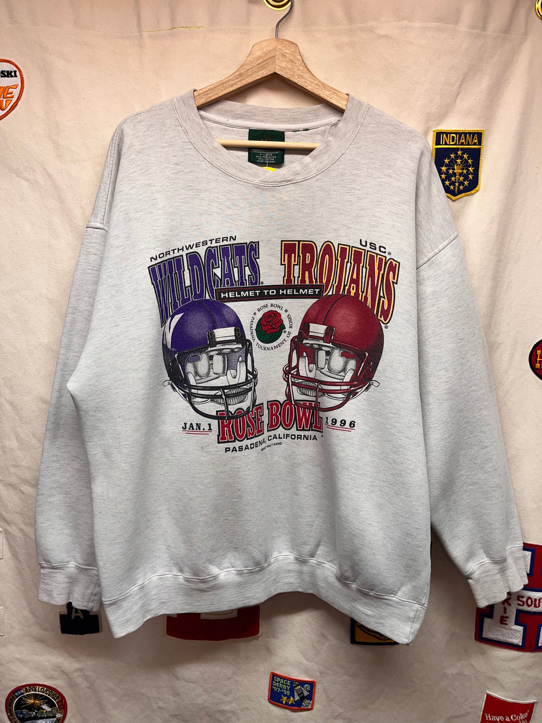Vtg Northwestern USC Trojans 1996 Rose Bowl College Football Helmets Grey Danaggers Crewneck Sweatshirt: XL