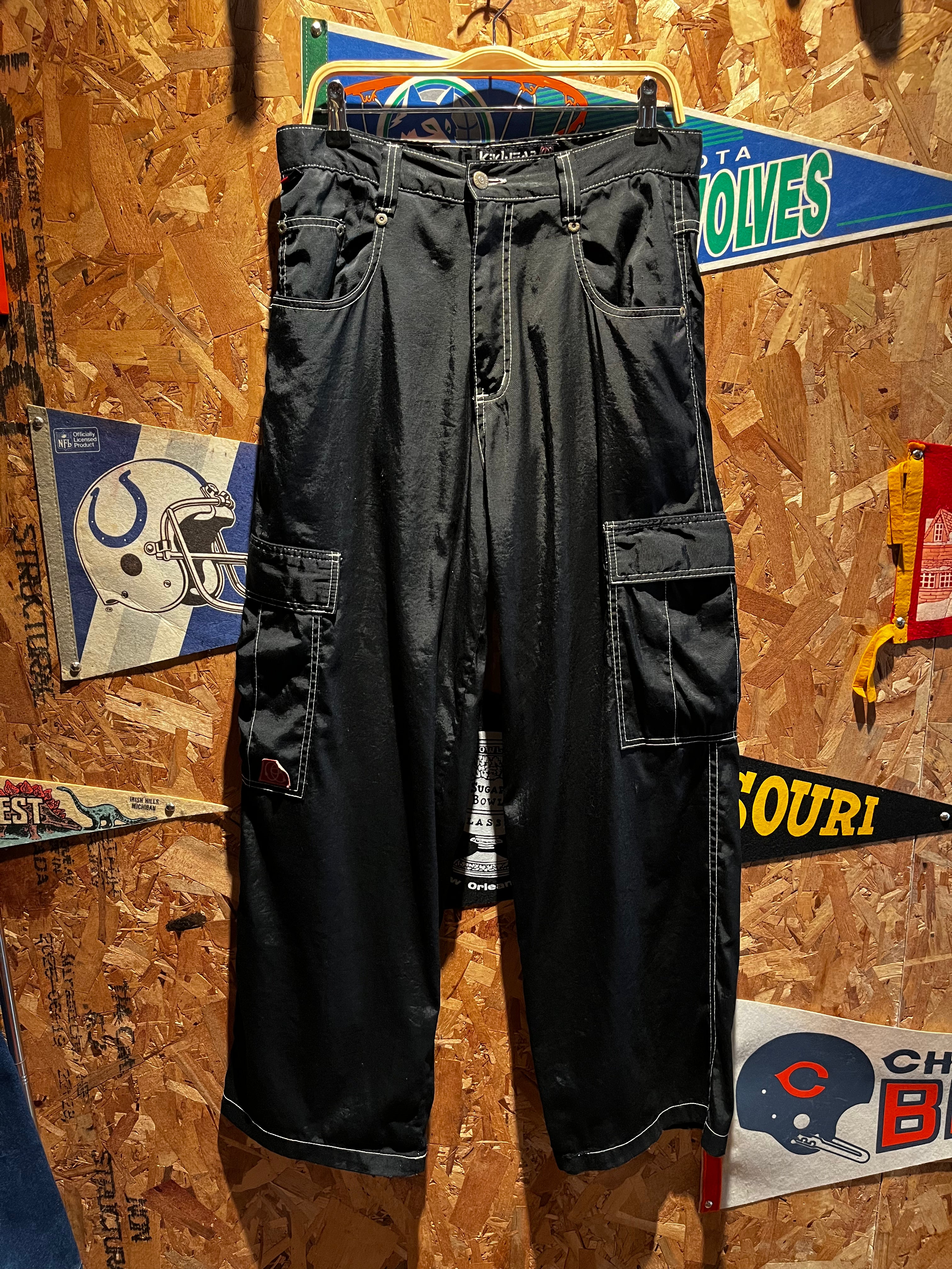 Vintage Kikwear Black Cargo Nylon Y2K Baggy Rave Pants: 33x32