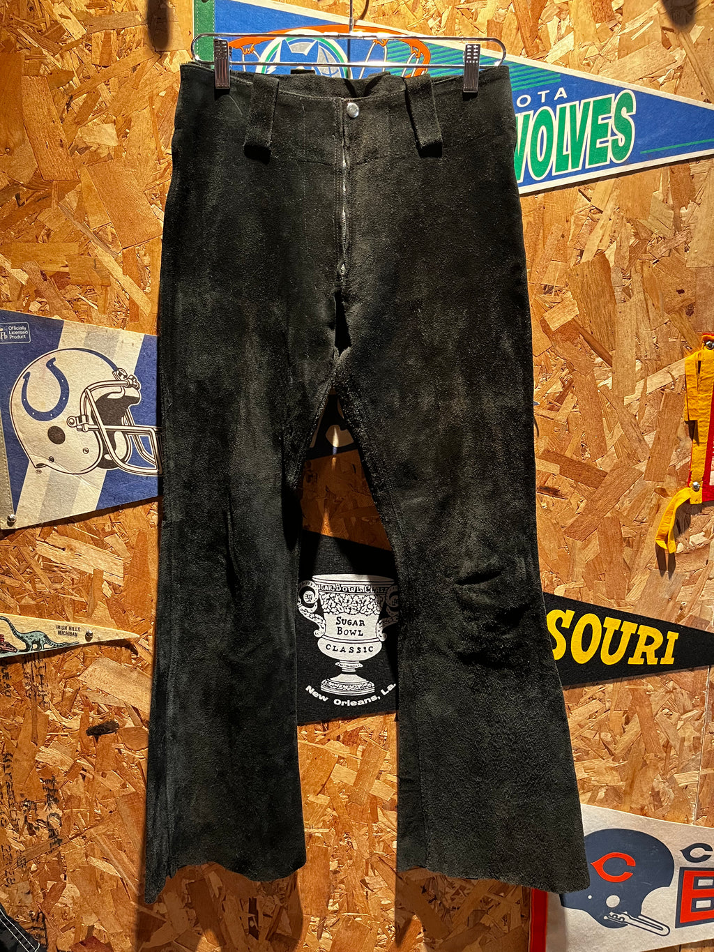 Vintage Black Suede 70's Bell Bottom Flare Leather Pants: 31x32