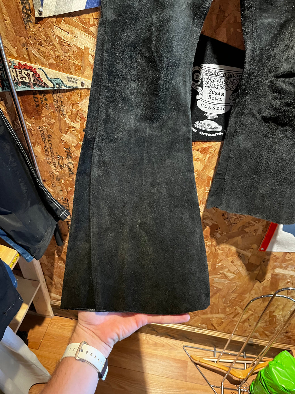 Vintage Black Suede 70's Bell Bottom Flare Leather Pants: 31x32