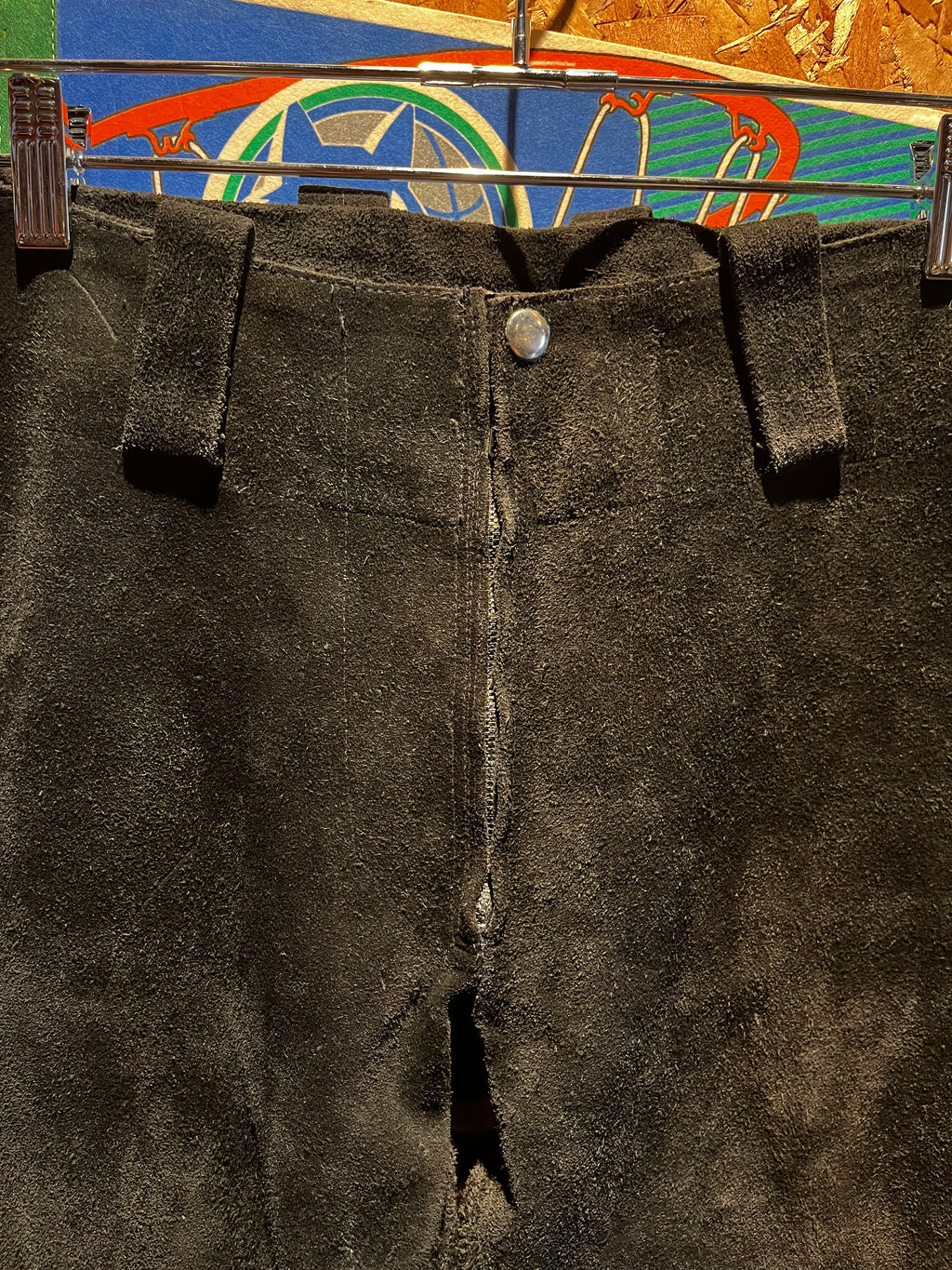 Vintage Black Suede 70's Bell Bottom Flare Leather Pants: 31x32