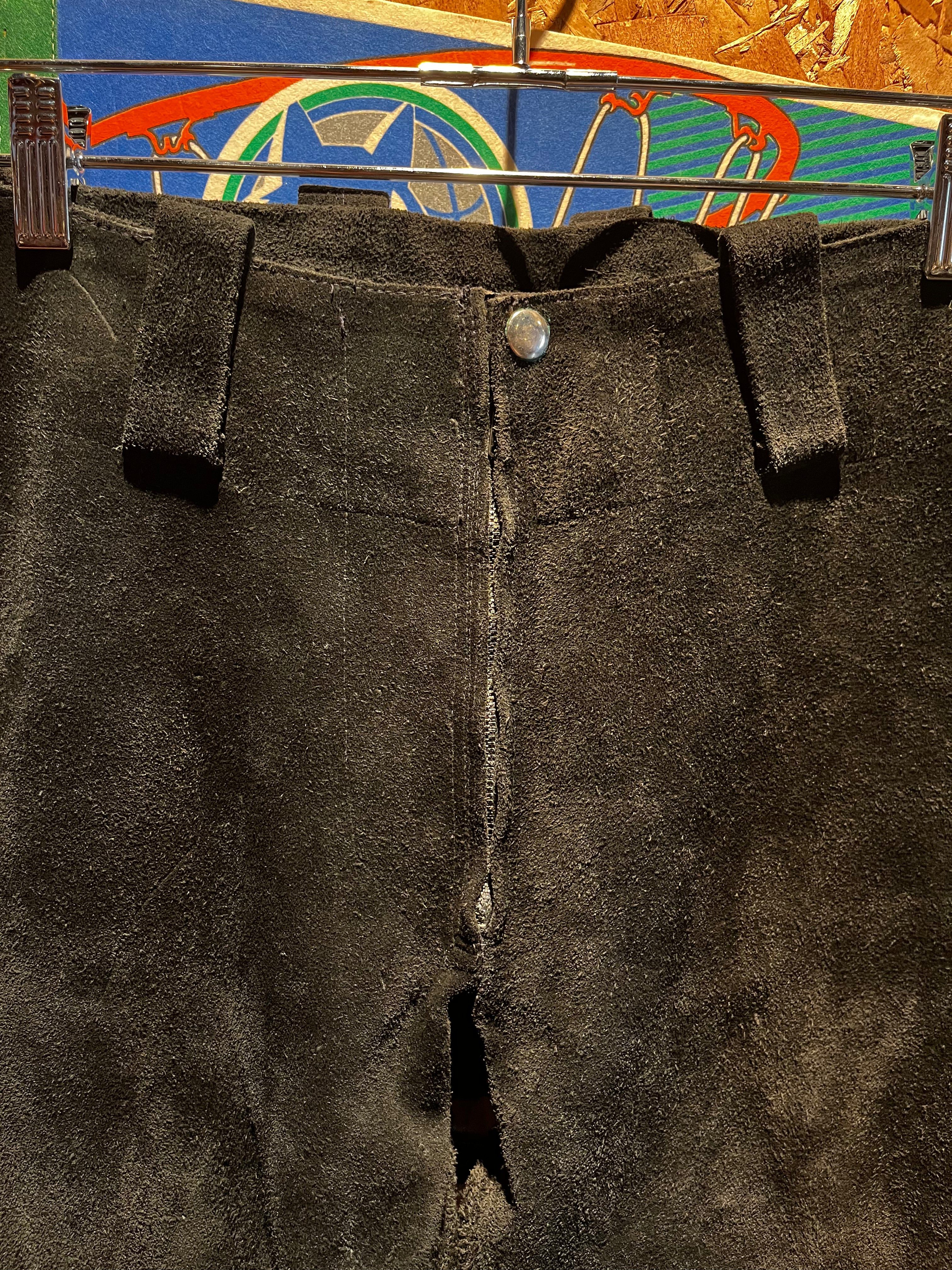 Vintage Black Suede 70's Bell Bottom Flare Leather Pants: 31x32