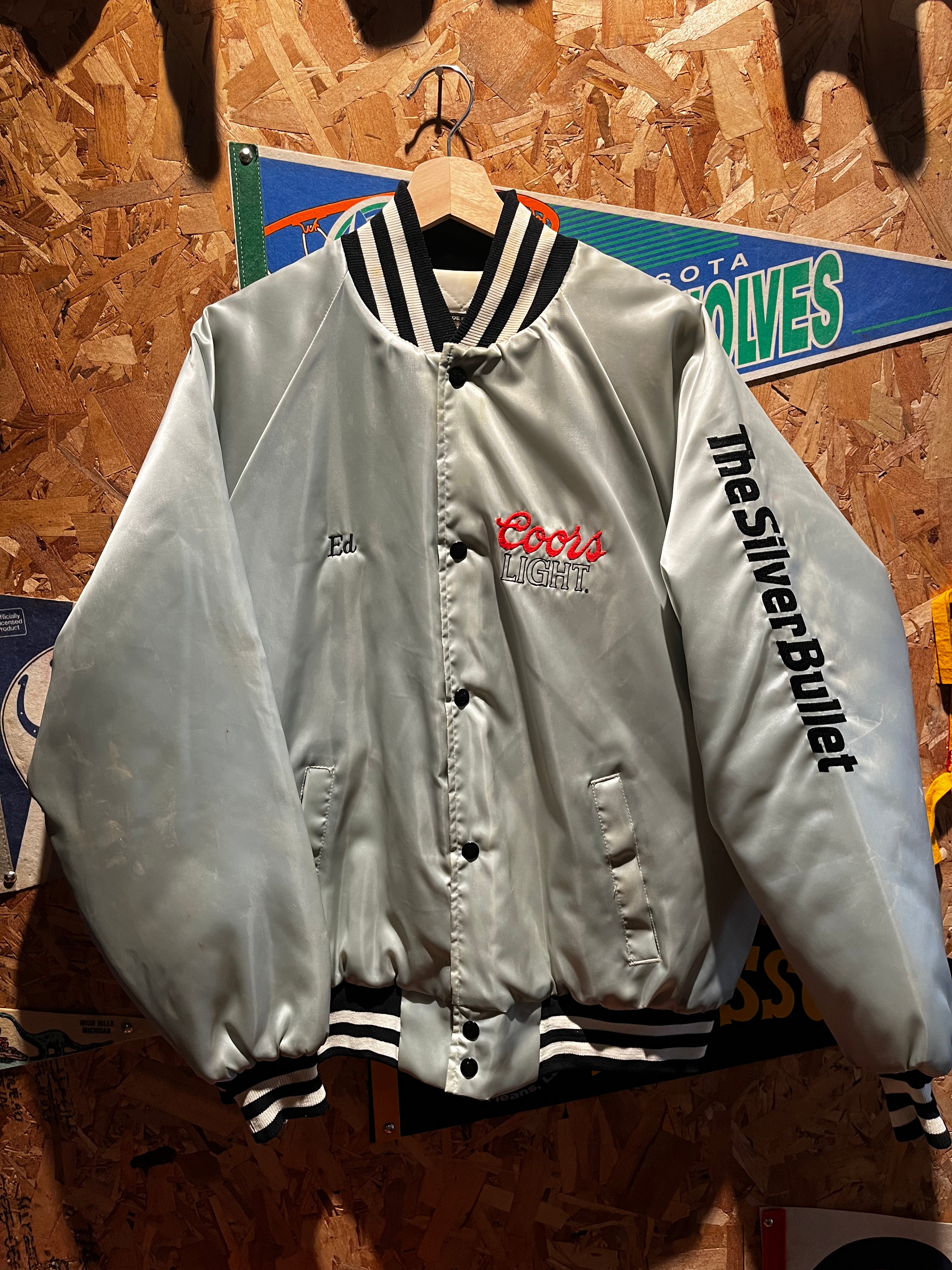 Vintage Coors Light The Silver Bullet Beer All Star Rock N Roll Band Embroidered 90's Satin Jacket: XL