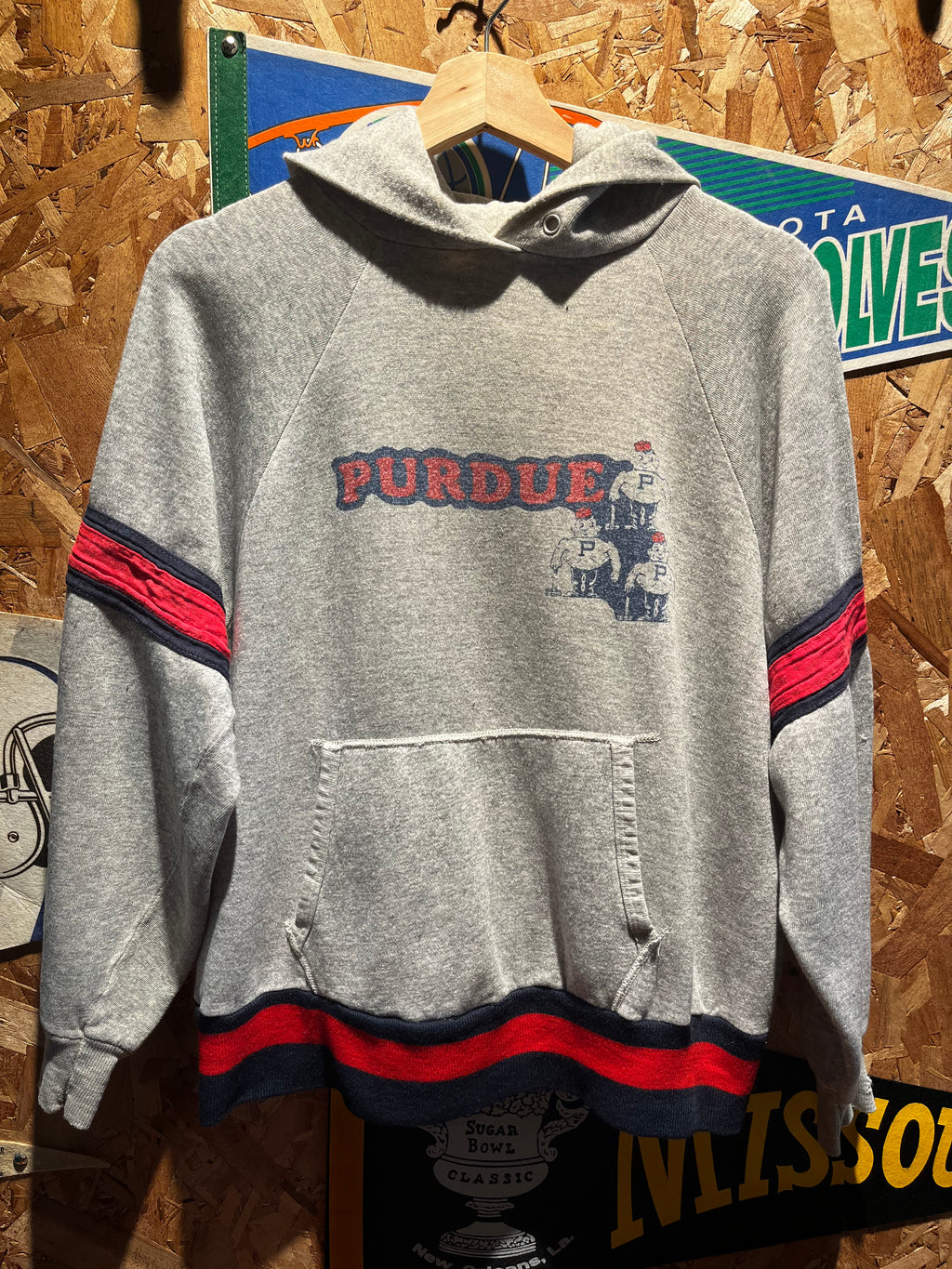 Vintage 70's Champion Blue Bar Purdue Pete University Stripe Grey Hoodie Sweatshirt: Medium
