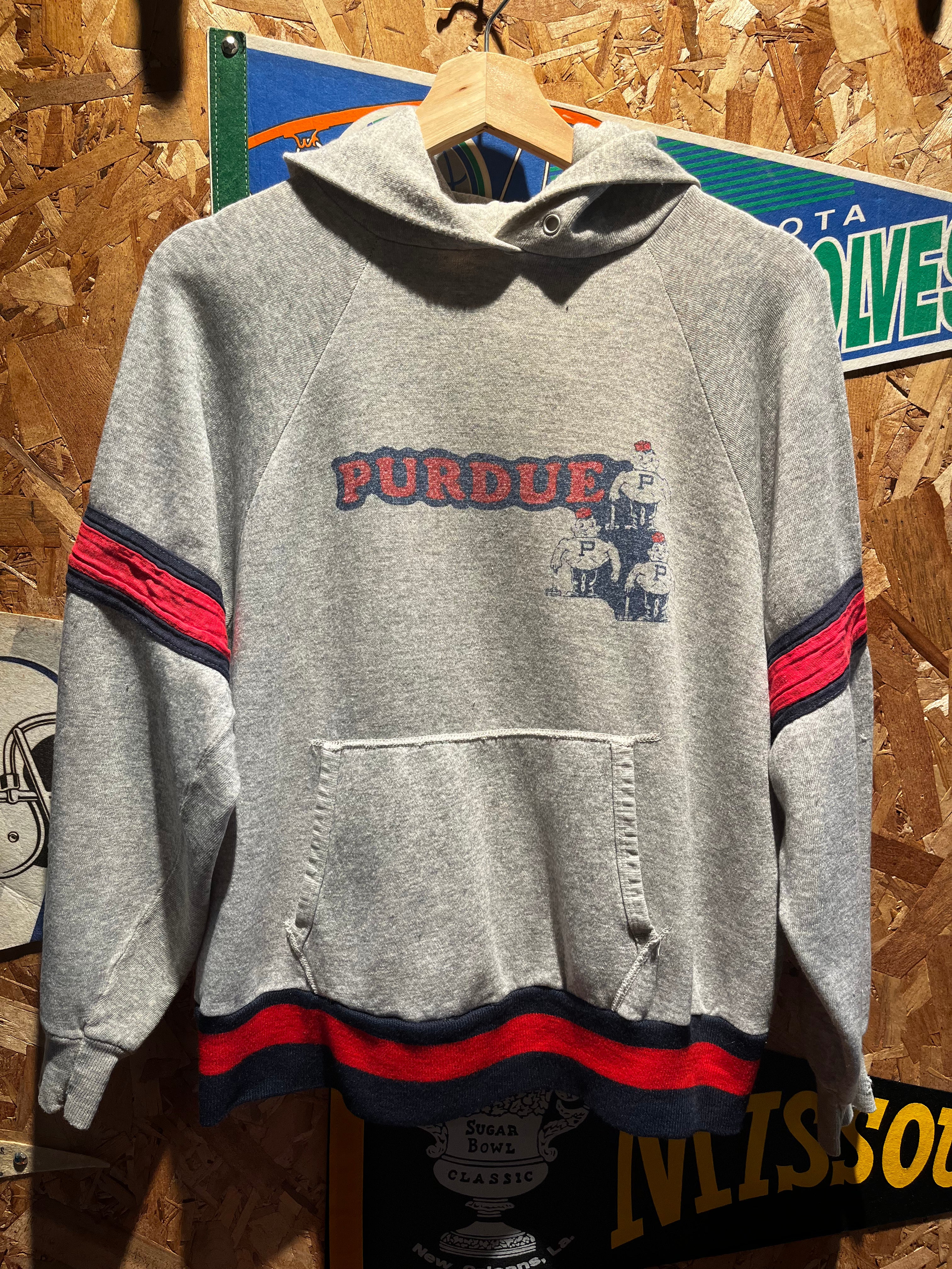 Vintage 70's Champion Blue Bar Purdue Pete University Stripe Grey Hoodie Sweatshirt: Medium