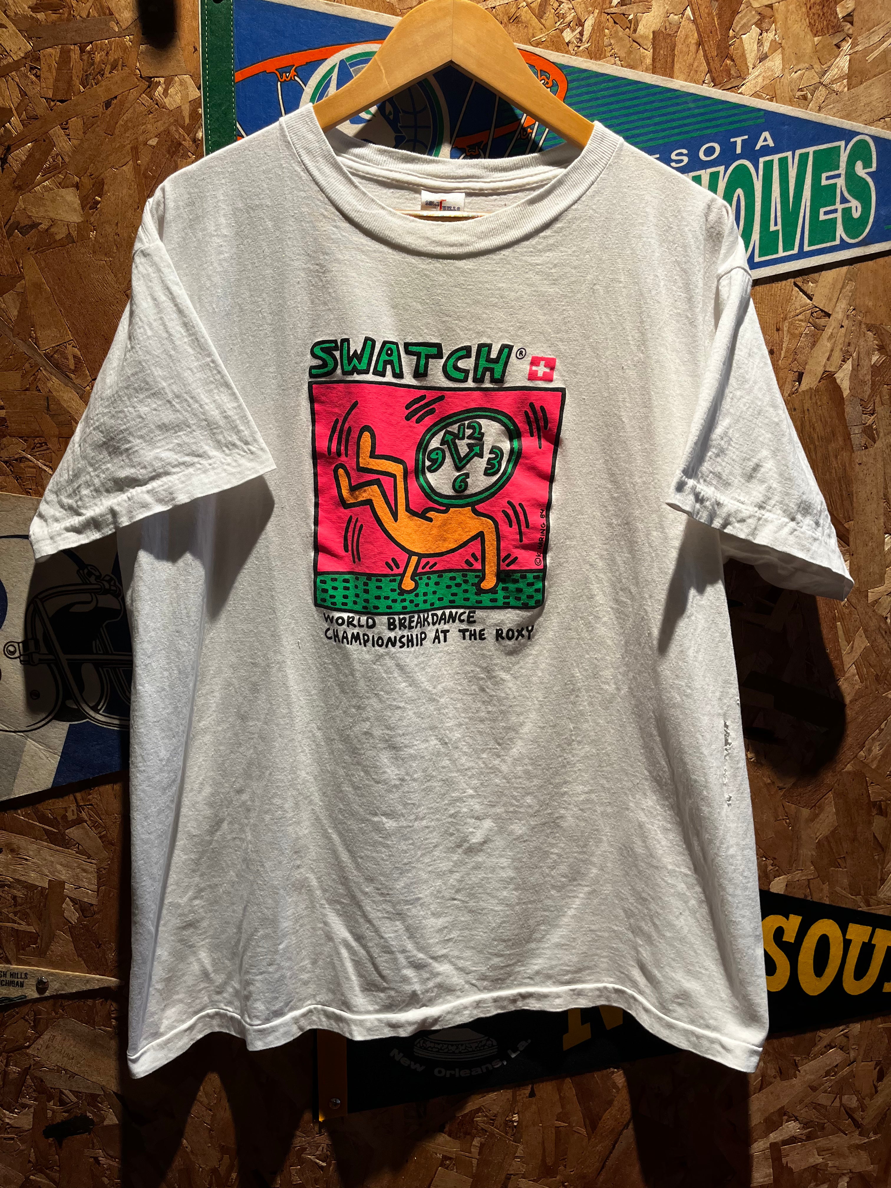 Vintage Swatch Promo Neon Keith Haring 1984 Roxy Breakdancing Art T-Shirt: XL