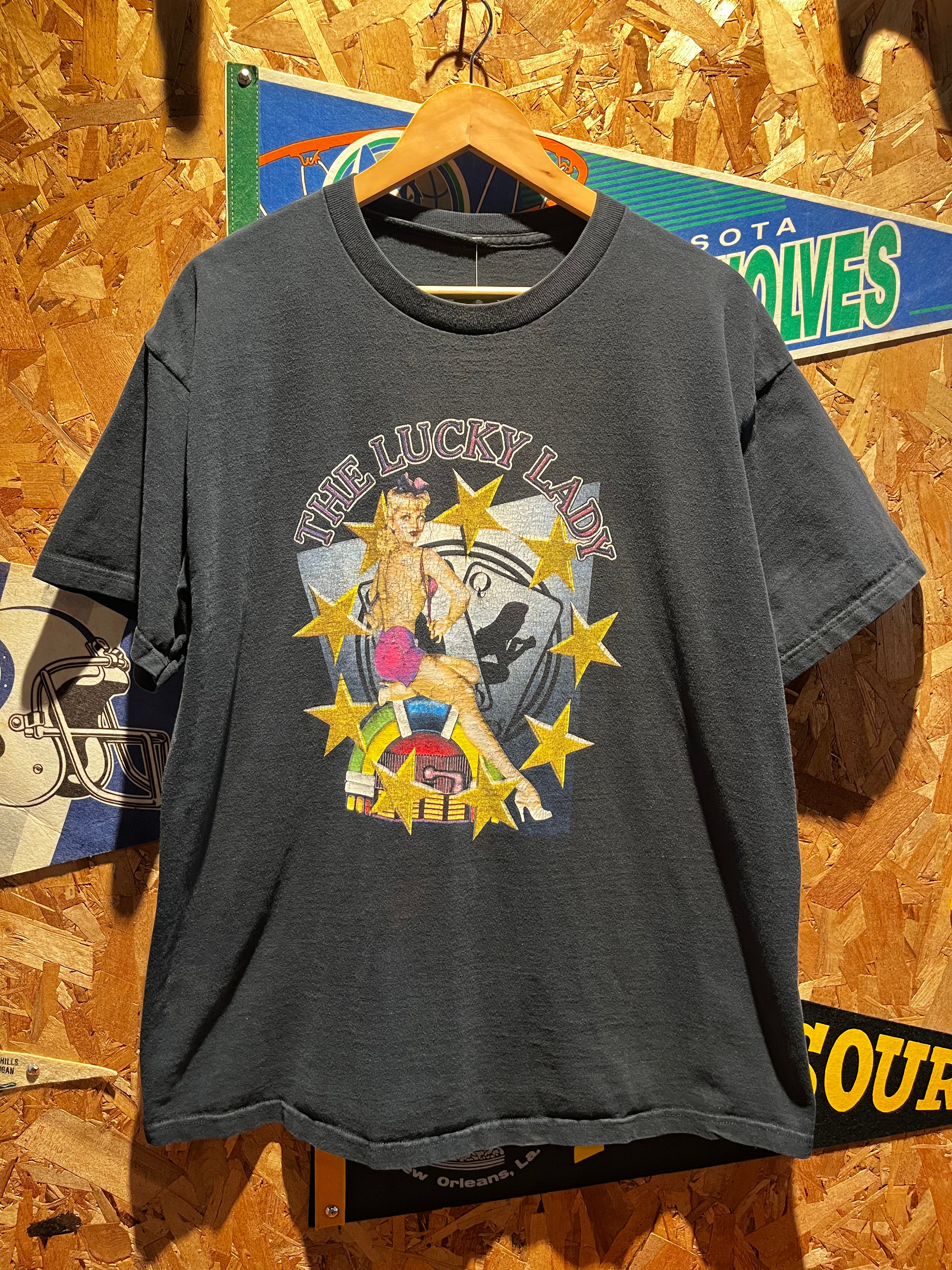 Vintage The Lucky Lady Strip Club Evansville, IN 2003 Pin Up Girl Black T-Shirt: XL