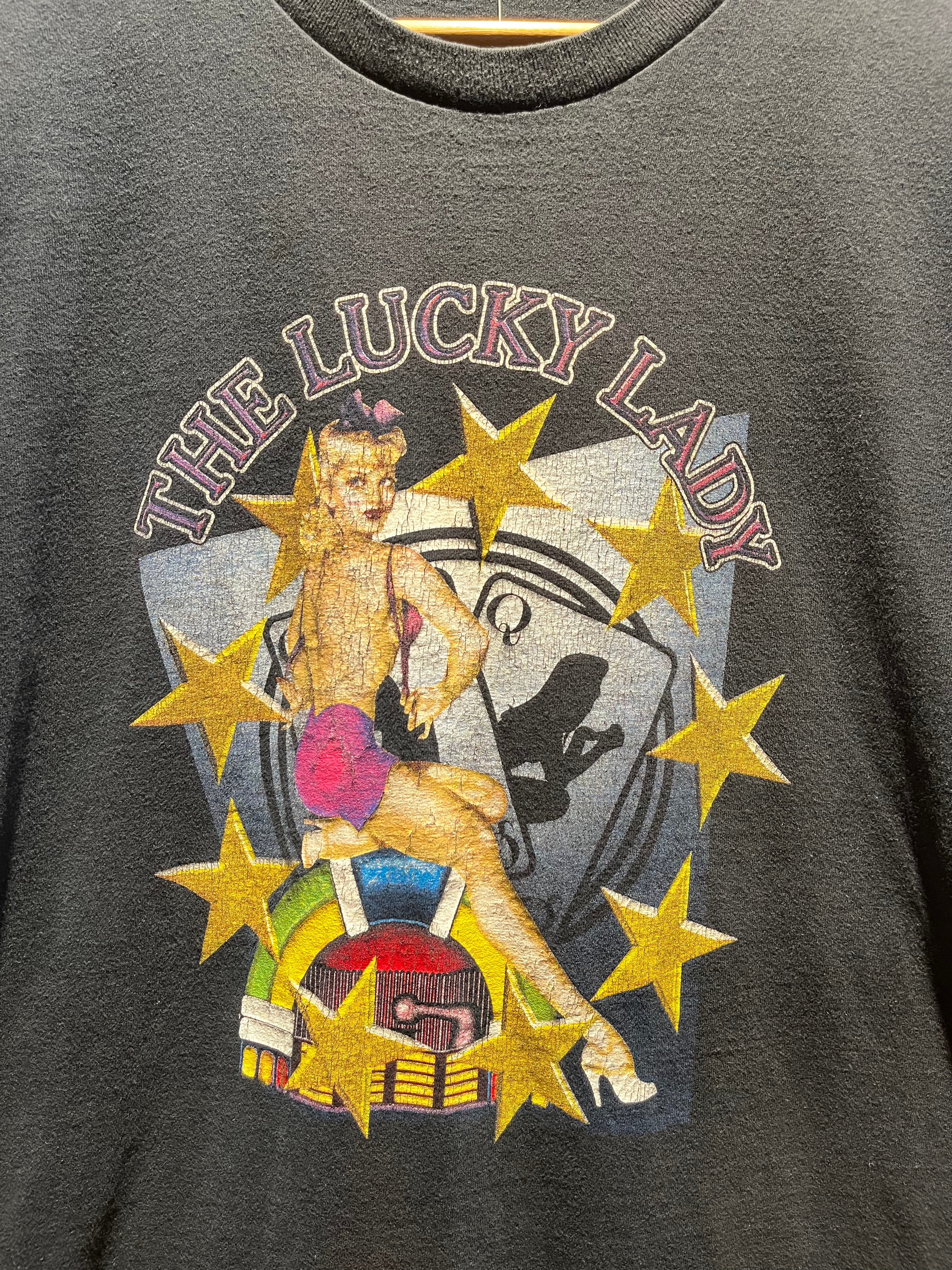 Vintage The Lucky Lady Strip Club Evansville, IN 2003 Pin Up Girl Black T-Shirt: XL