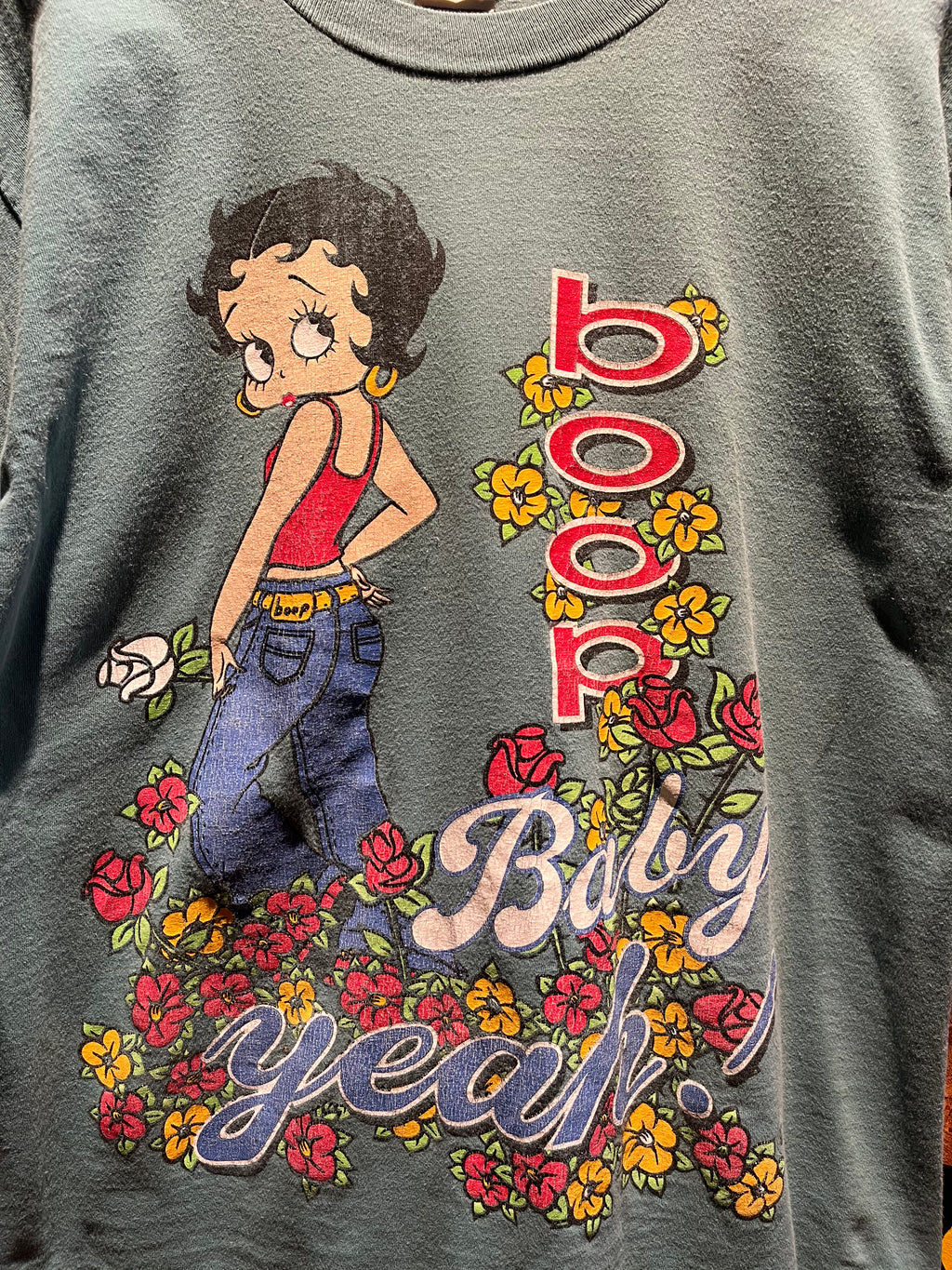 Vintage Betty Boop Baby Yeah! Flowers Freeze Cartoon Teal T-Shirt: Large