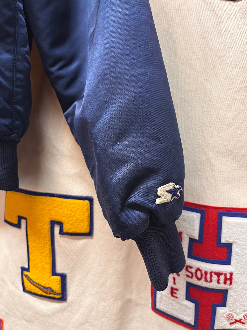 Vintage Dallas Cowboys NFL Spellout Navy Starter Satin Jacket: Medium