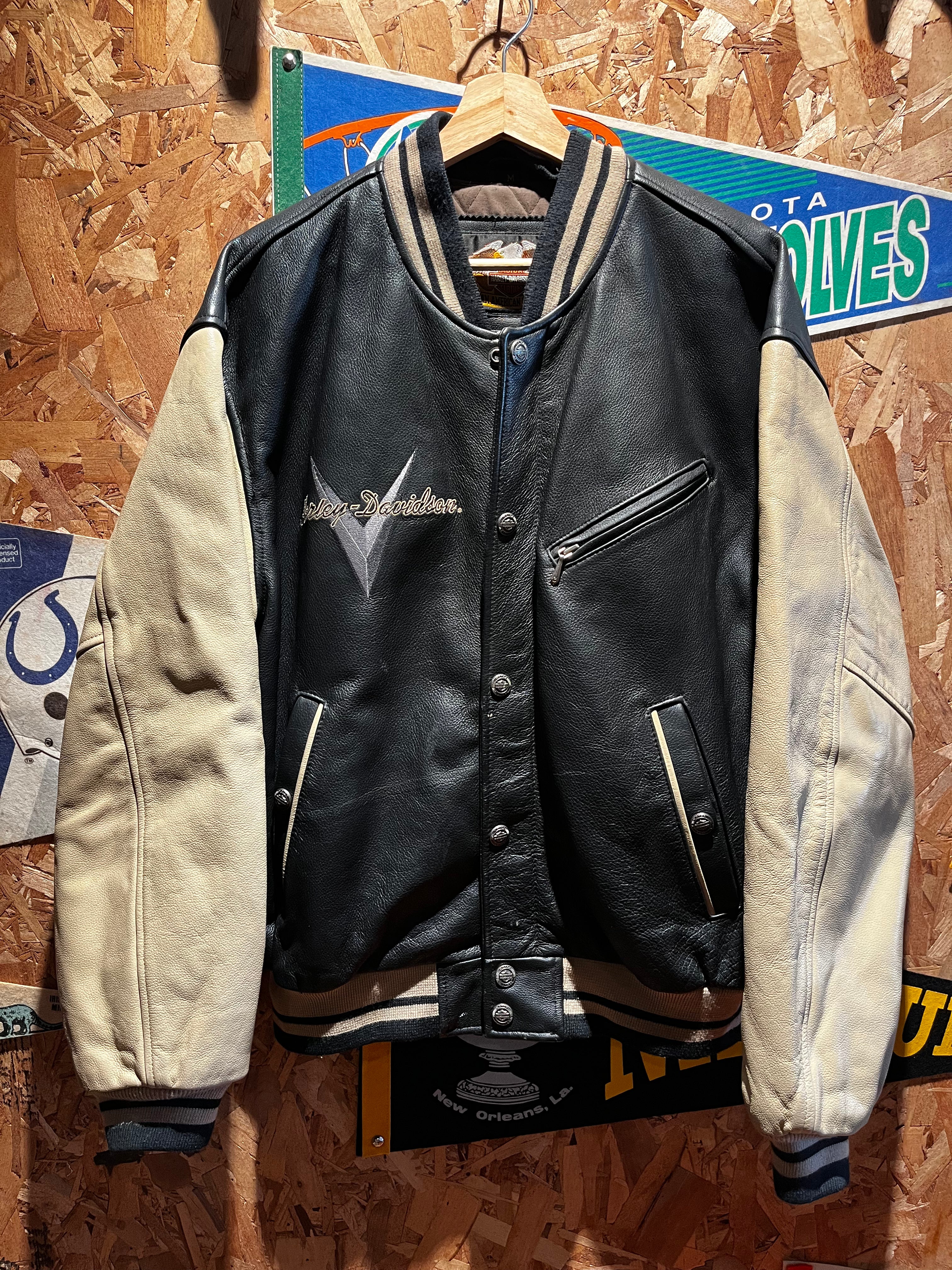 Vintage Harley Davidson Classic Motorcycle Varsity Bomber Leather Black Tan Jacket: Medium