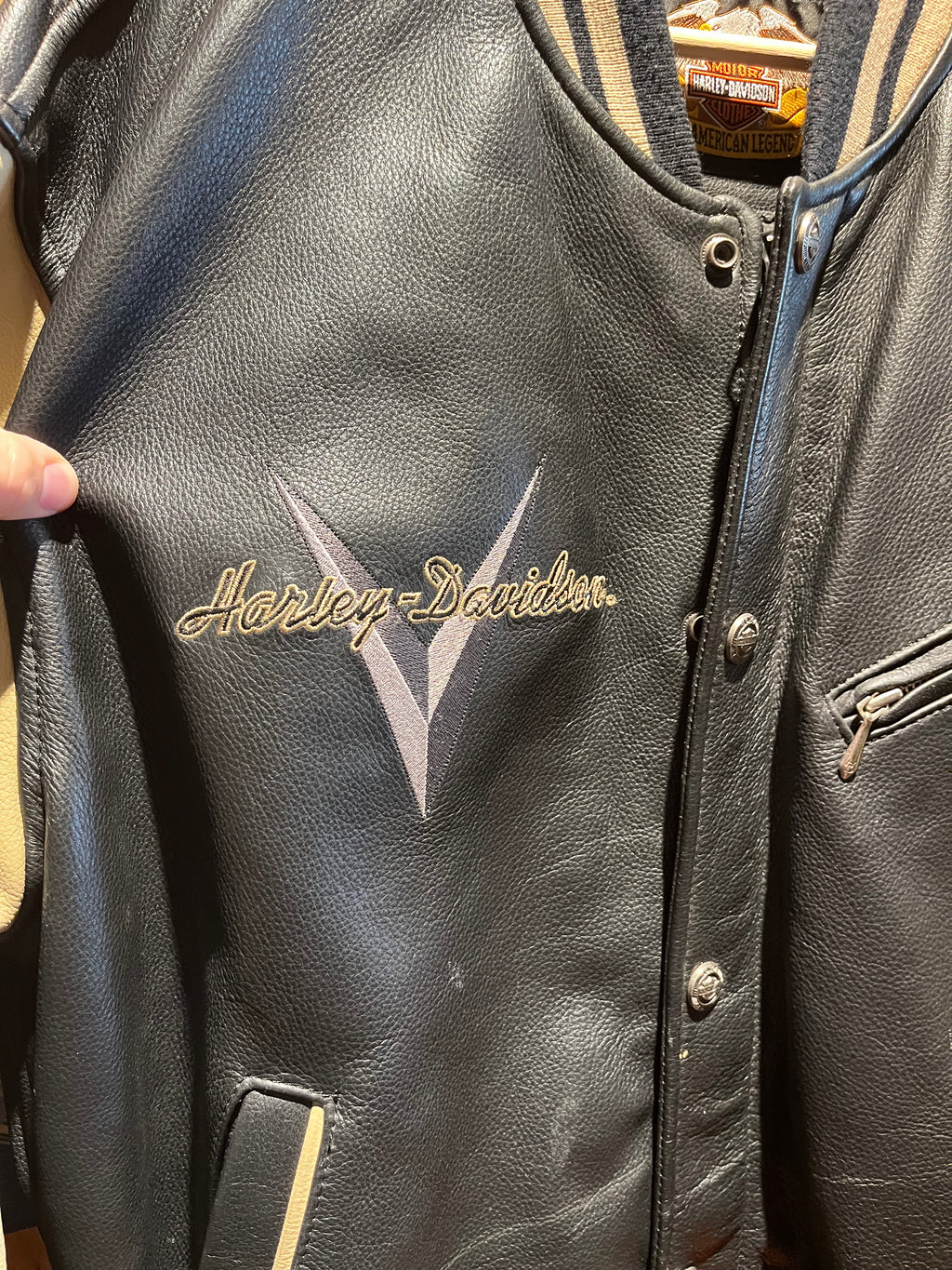 Vintage Harley Davidson Classic Motorcycle Varsity Bomber Leather Black Tan Jacket: Medium