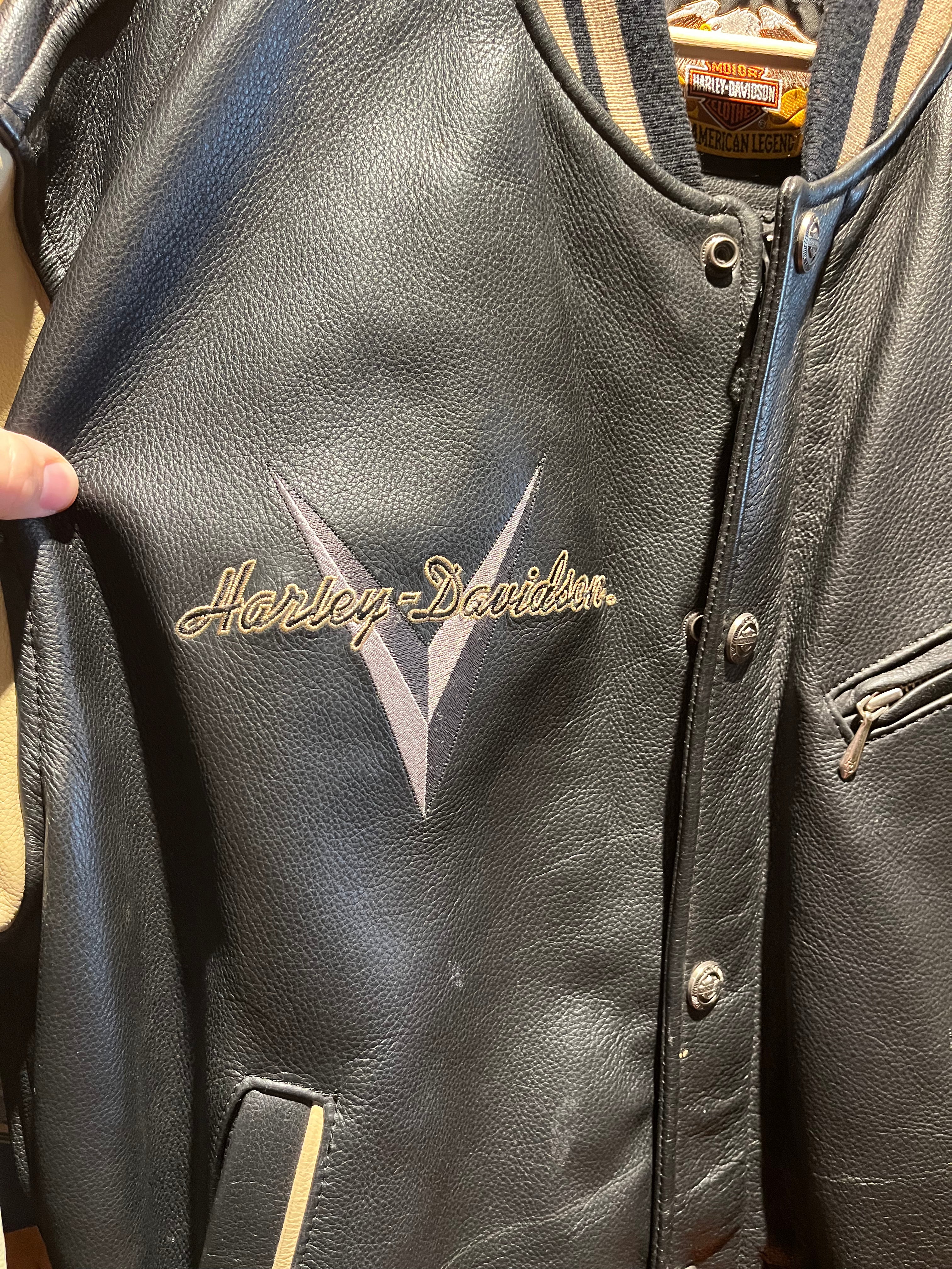 Vintage Harley Davidson Classic Motorcycle Varsity Bomber Leather Black Tan Jacket: Medium