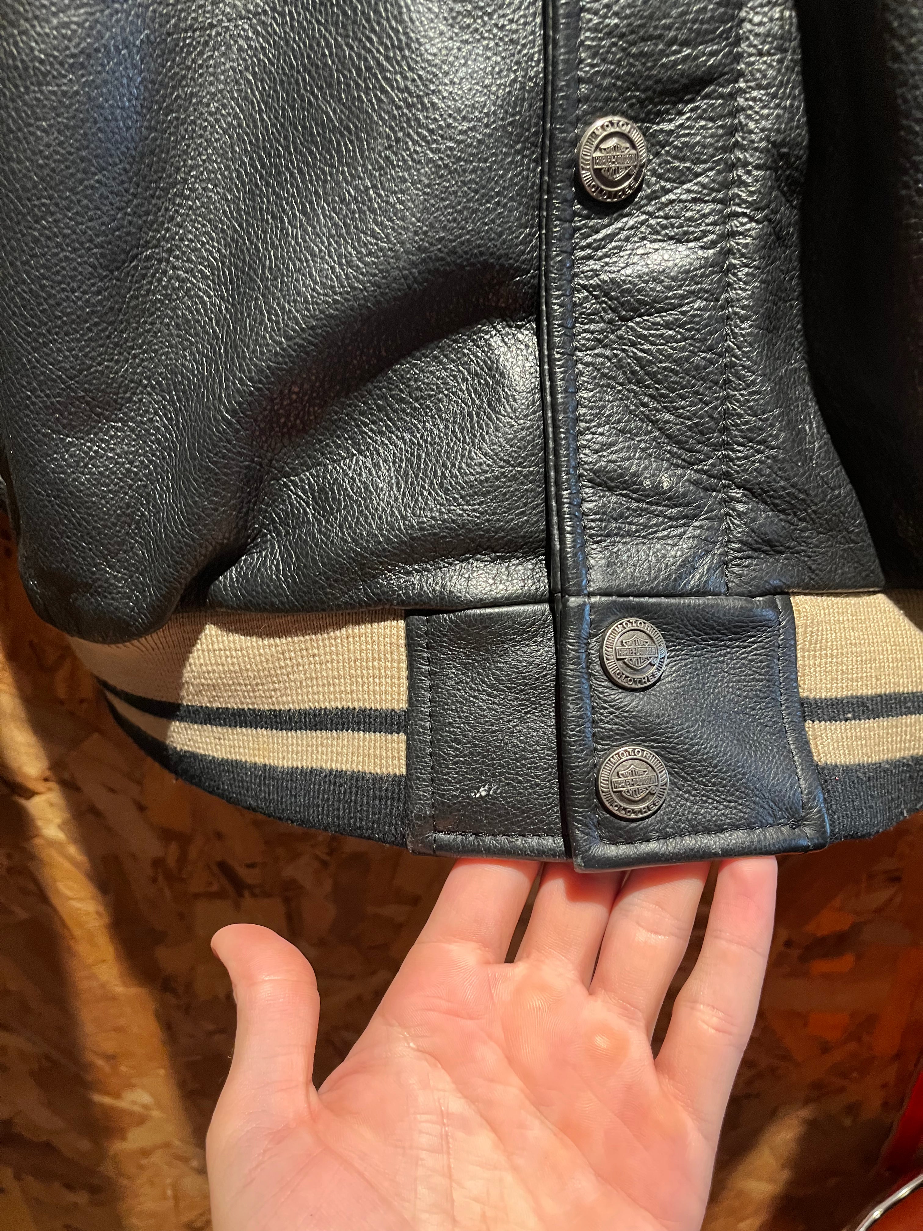 Vintage Harley Davidson Classic Motorcycle Varsity Bomber Leather Black Tan Jacket: Medium
